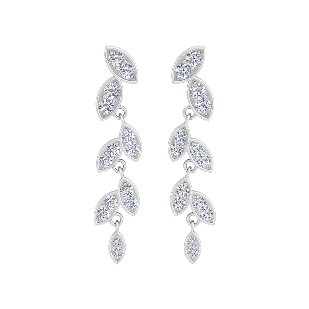 Flower and leaf pattern diamond drop earrings in White Gold