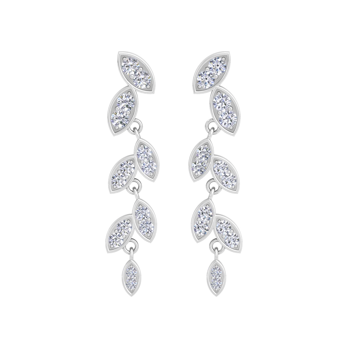 Flower and leaf pattern diamond drop earrings in White Gold