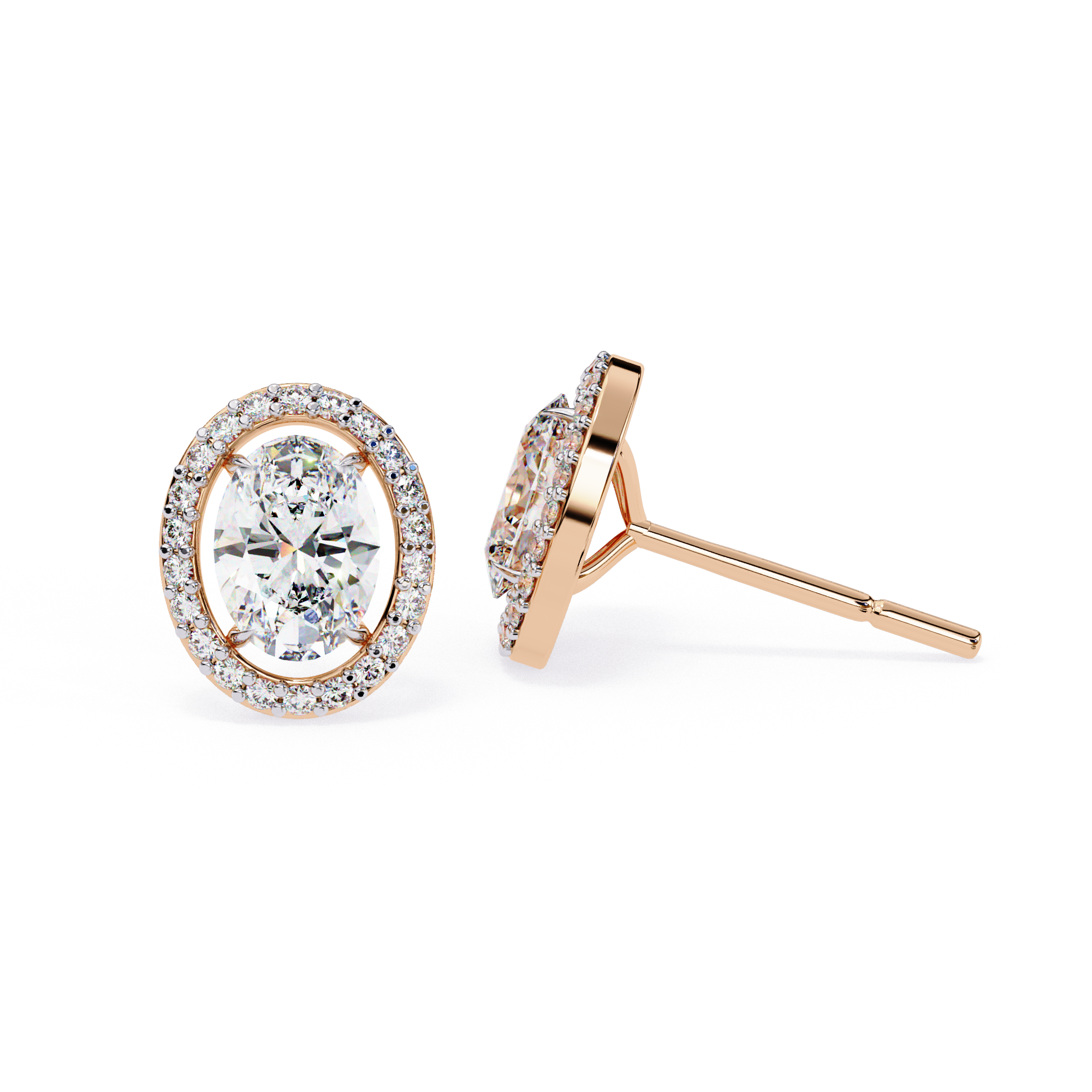 Oval shaped diamond halo stud earrings in Rose Gold