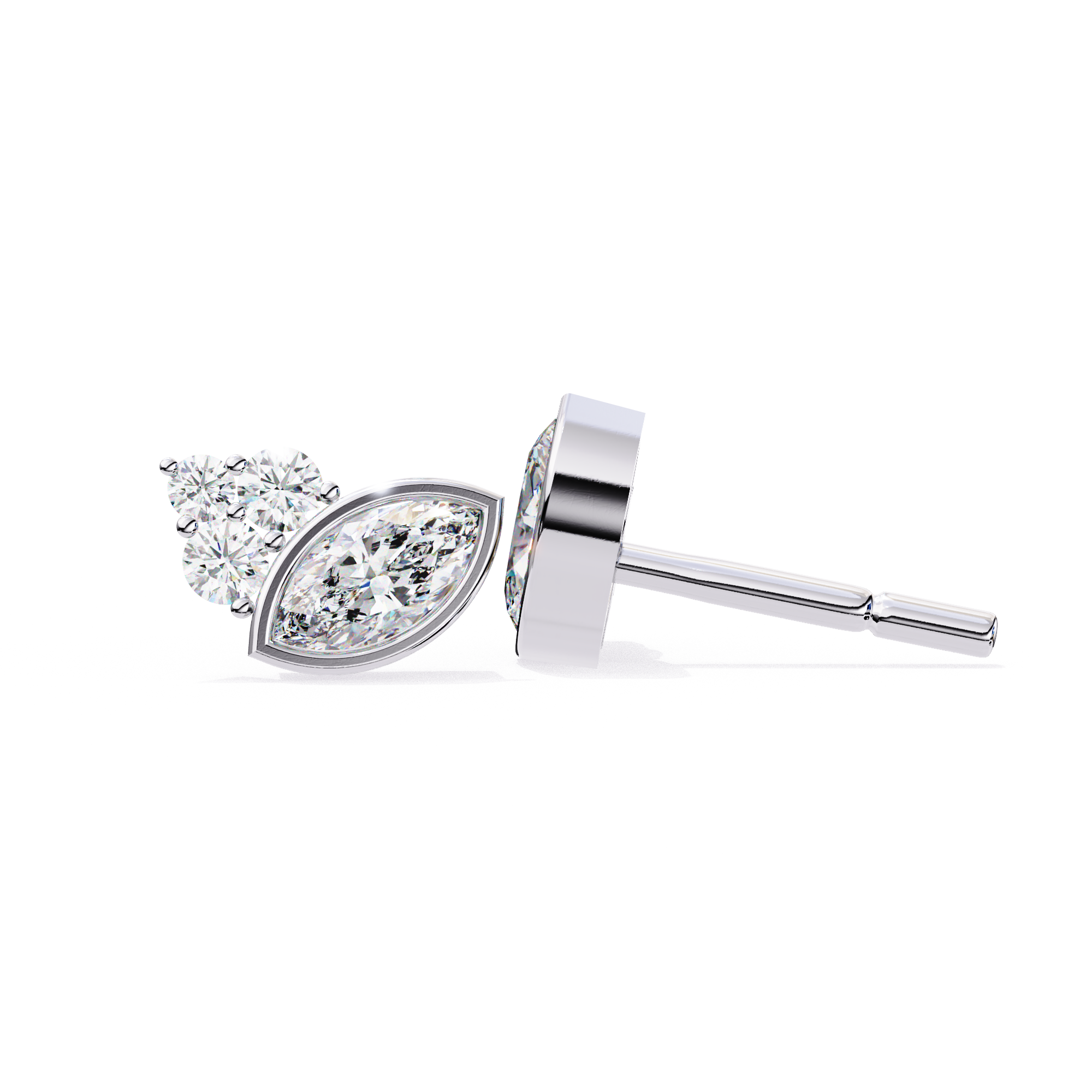Marquise and round diamond stud earrings in white gold elegant design