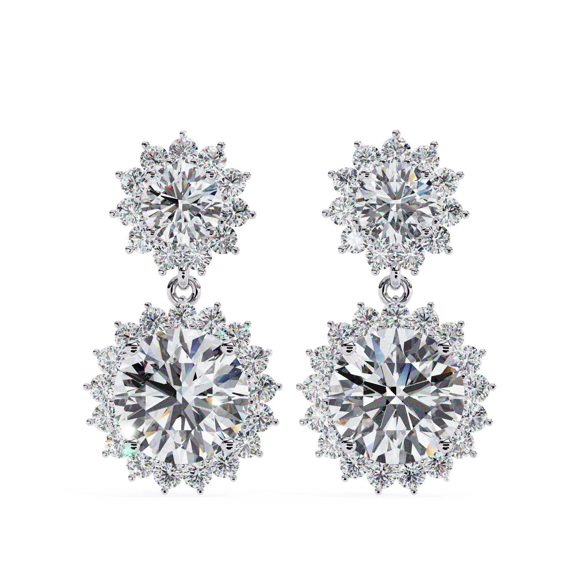 White Gold sunburst halo diamond earrings