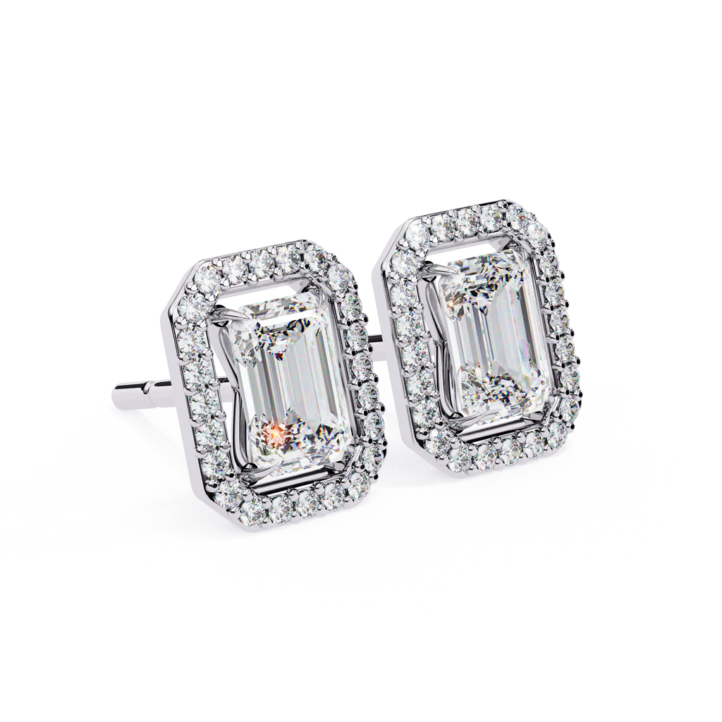 Minimal Emerald cut diamond halo stud earrings everyday wear