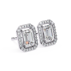 Minimal Emerald cut diamond halo stud earrings everyday wear