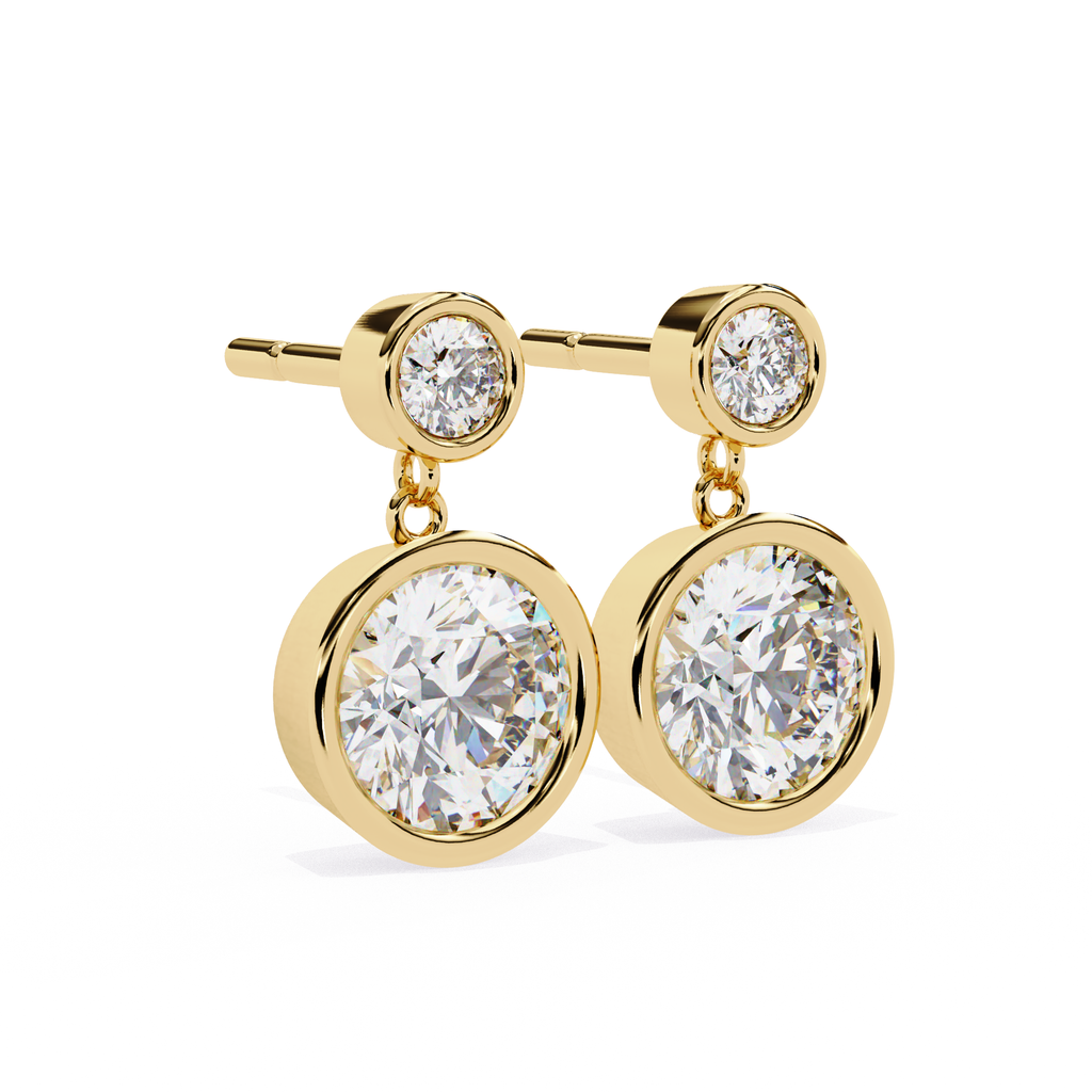 Gold diamond drop earrings with round cut bezel design