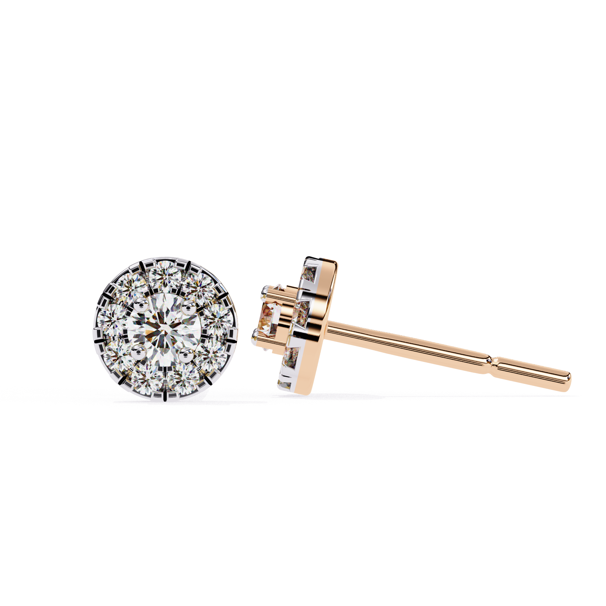Elegant round halo diamond stud earrings in Rose Gold