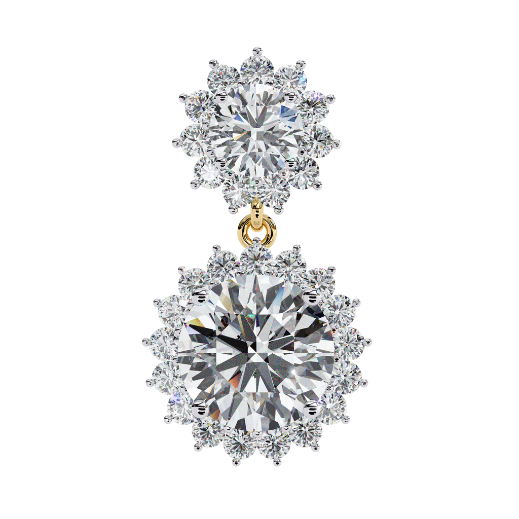 Diamond drop earrings with double halo sunburst design in gold