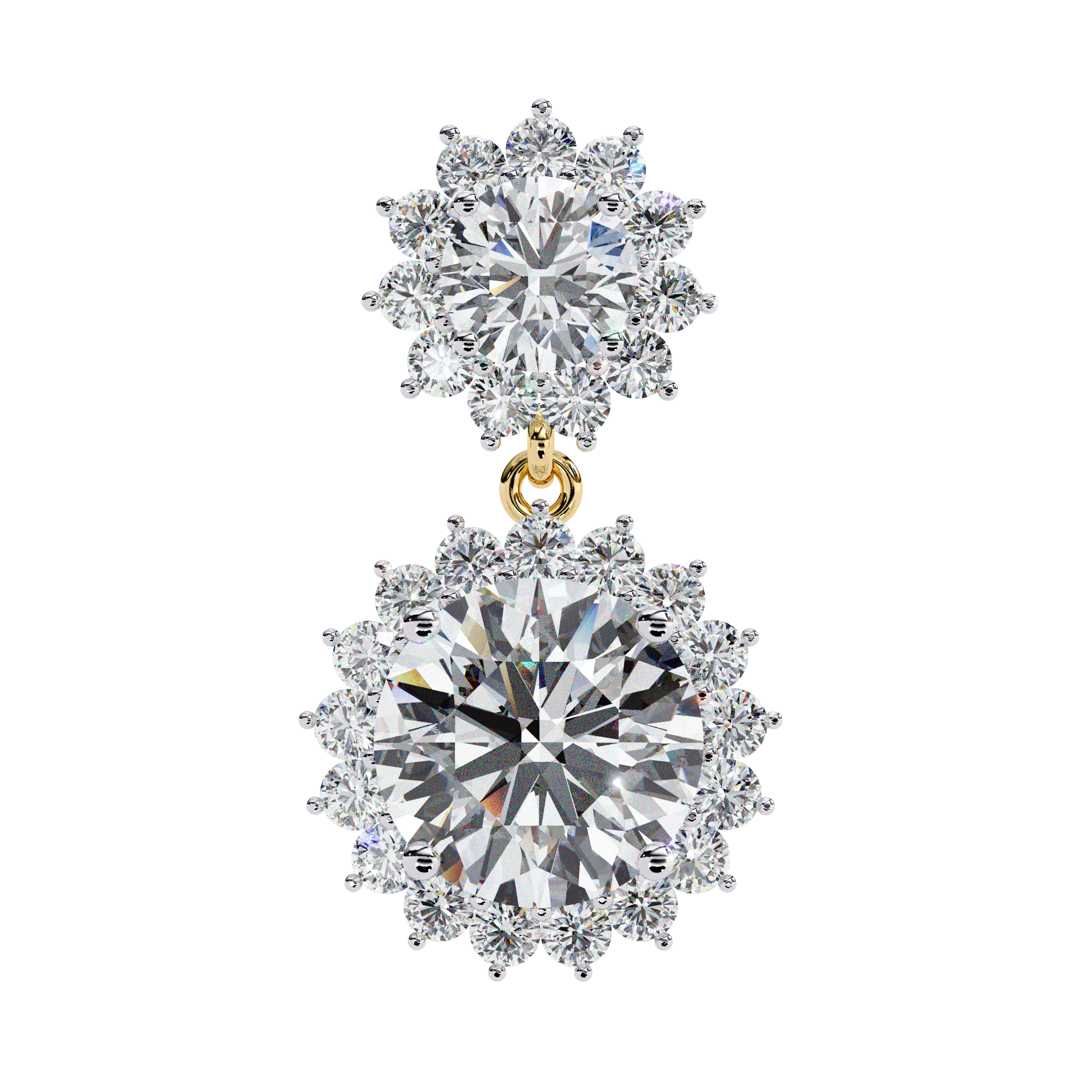 Diamond drop earrings with double halo sunburst design in gold