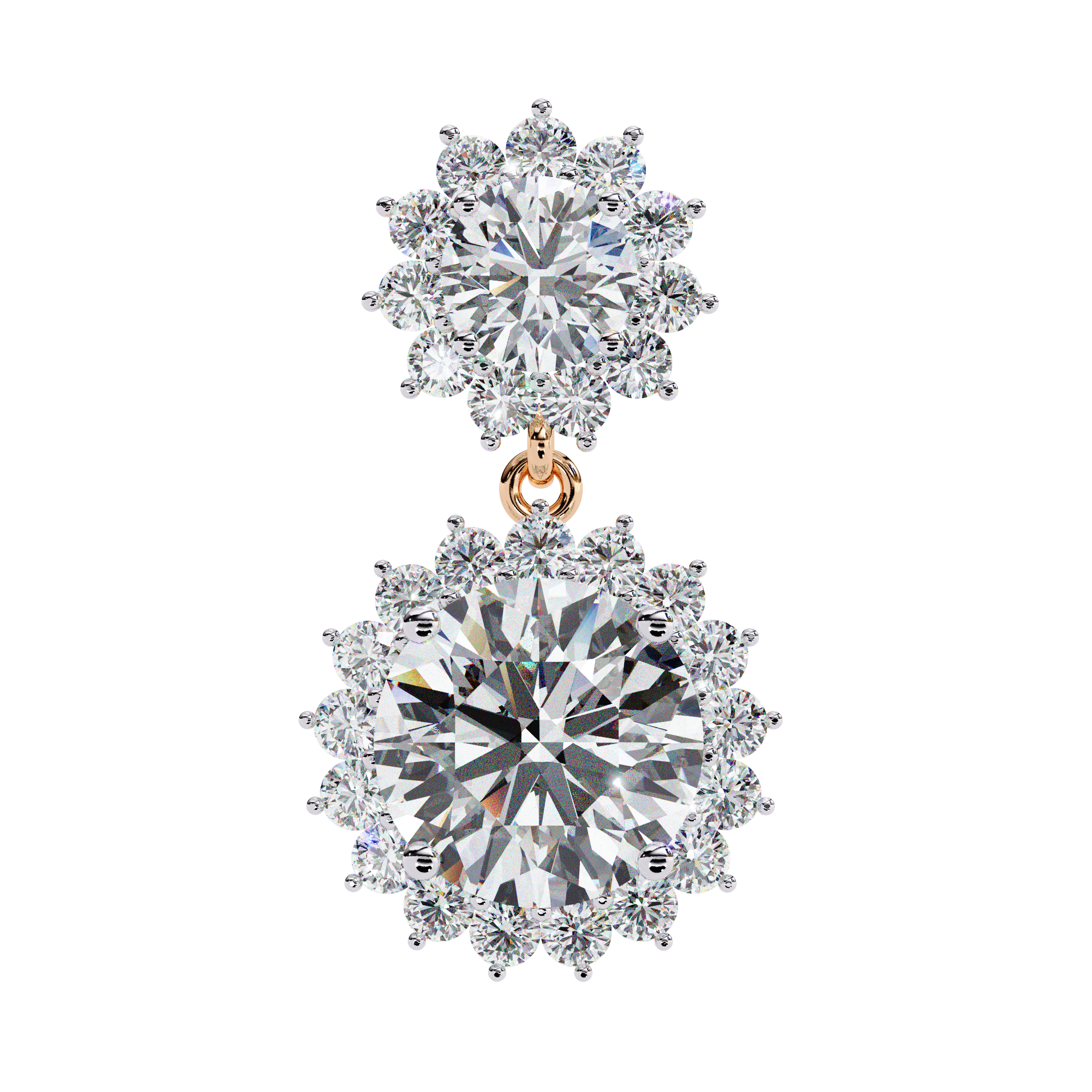 Diamond drop earrings with double halo sunburst design in Rose Gold