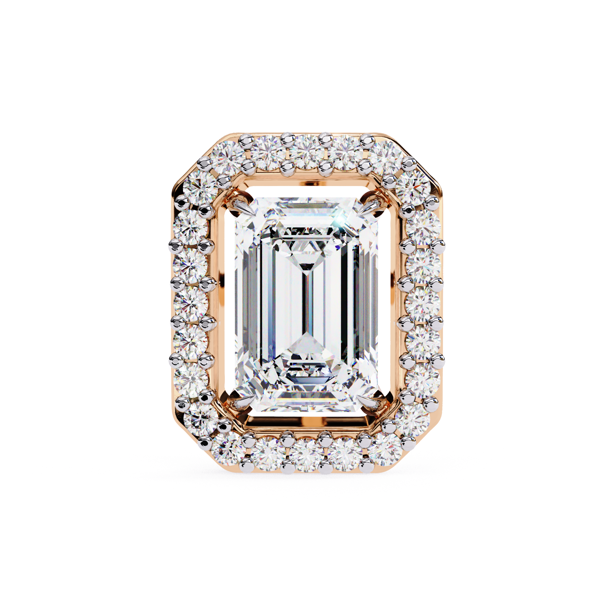 Elegant Emerald cut halo diamond stud earrings