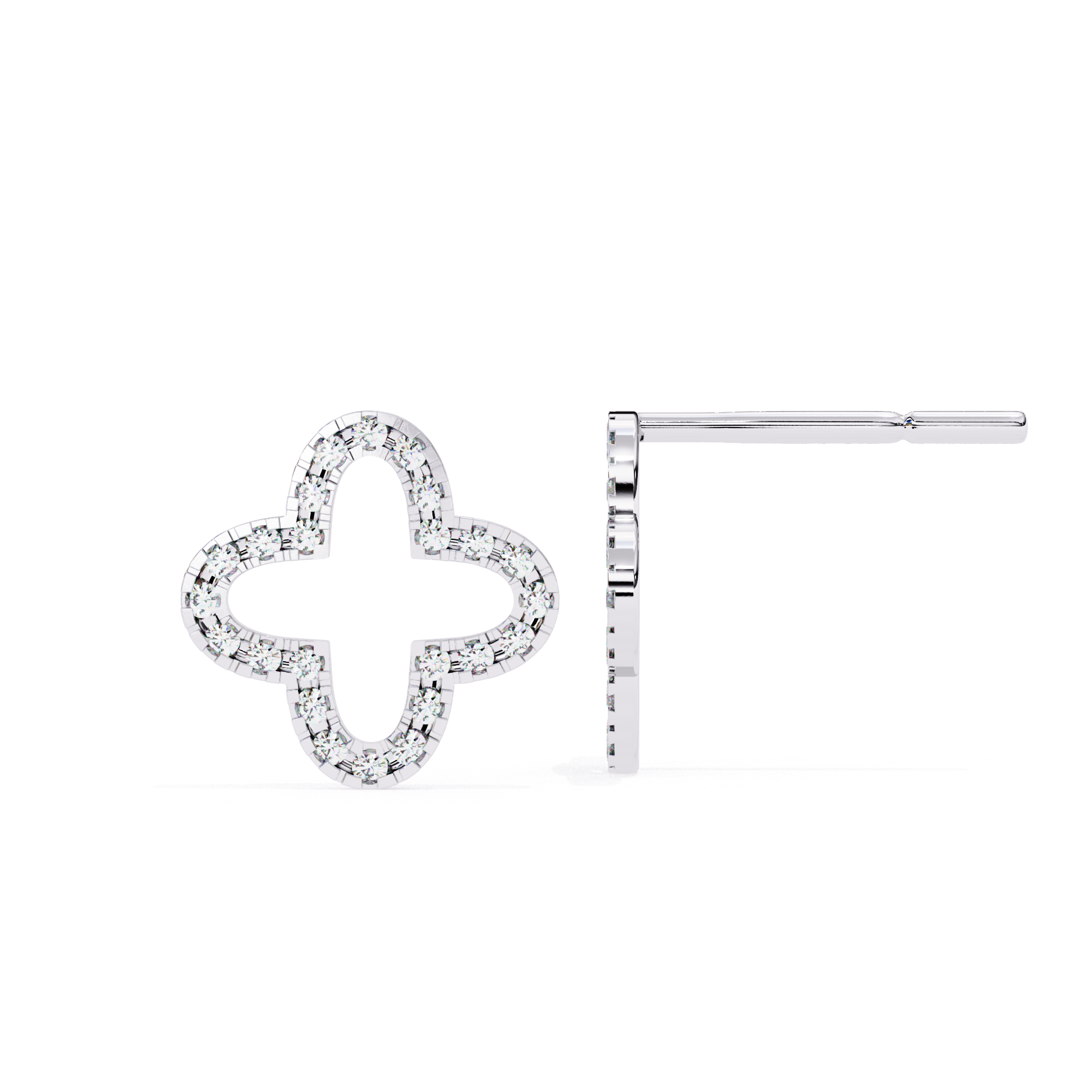 Symmetrical diamond quatrefoil stud earrings in White Gold