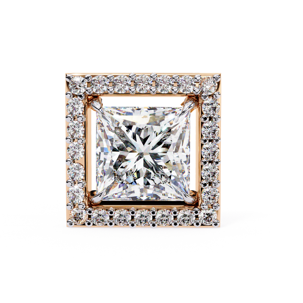 Elegant princess cut halo diamond stud earrings