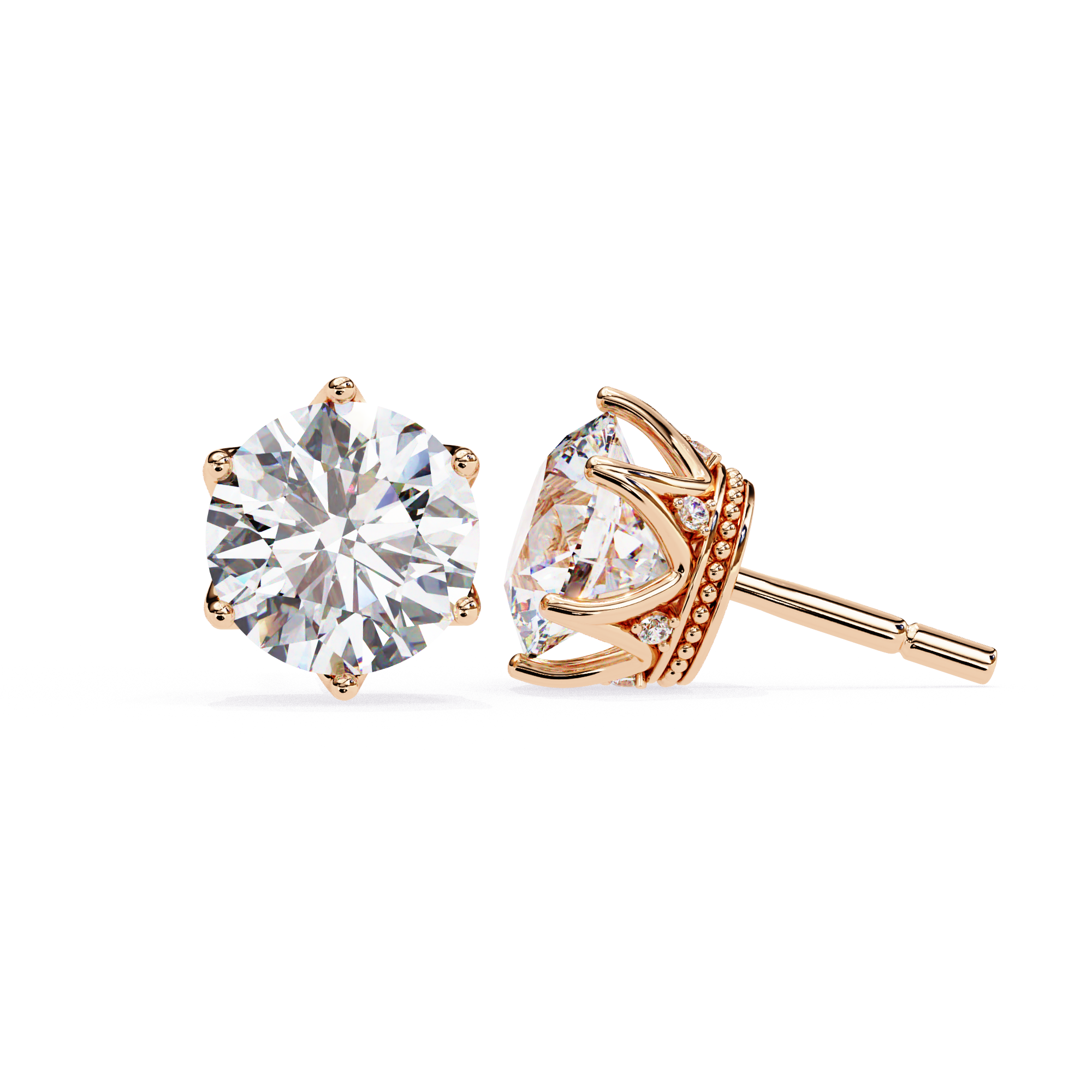 Luxury 6 prong crown diamond stud earrings in Rose Gold