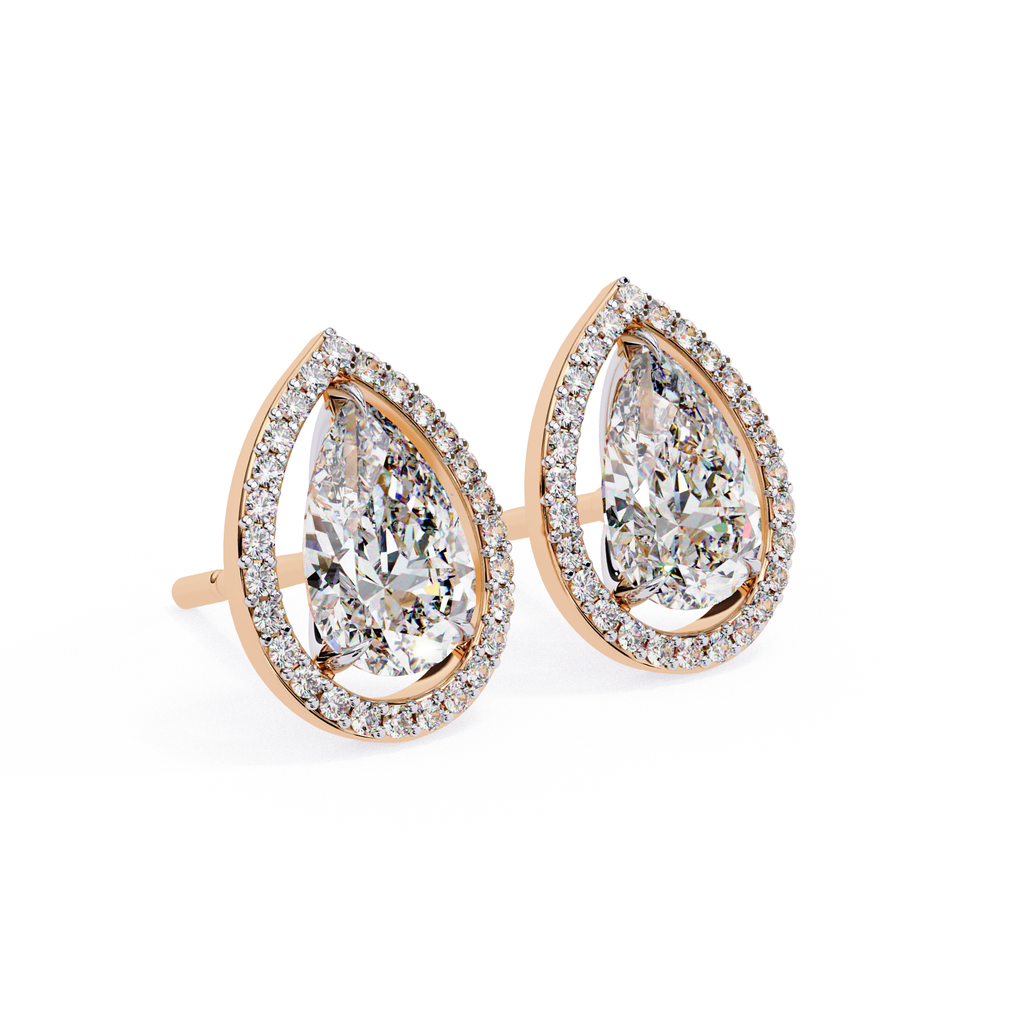 Minimal Pear shaped diamond halo stud earrings everyday wear