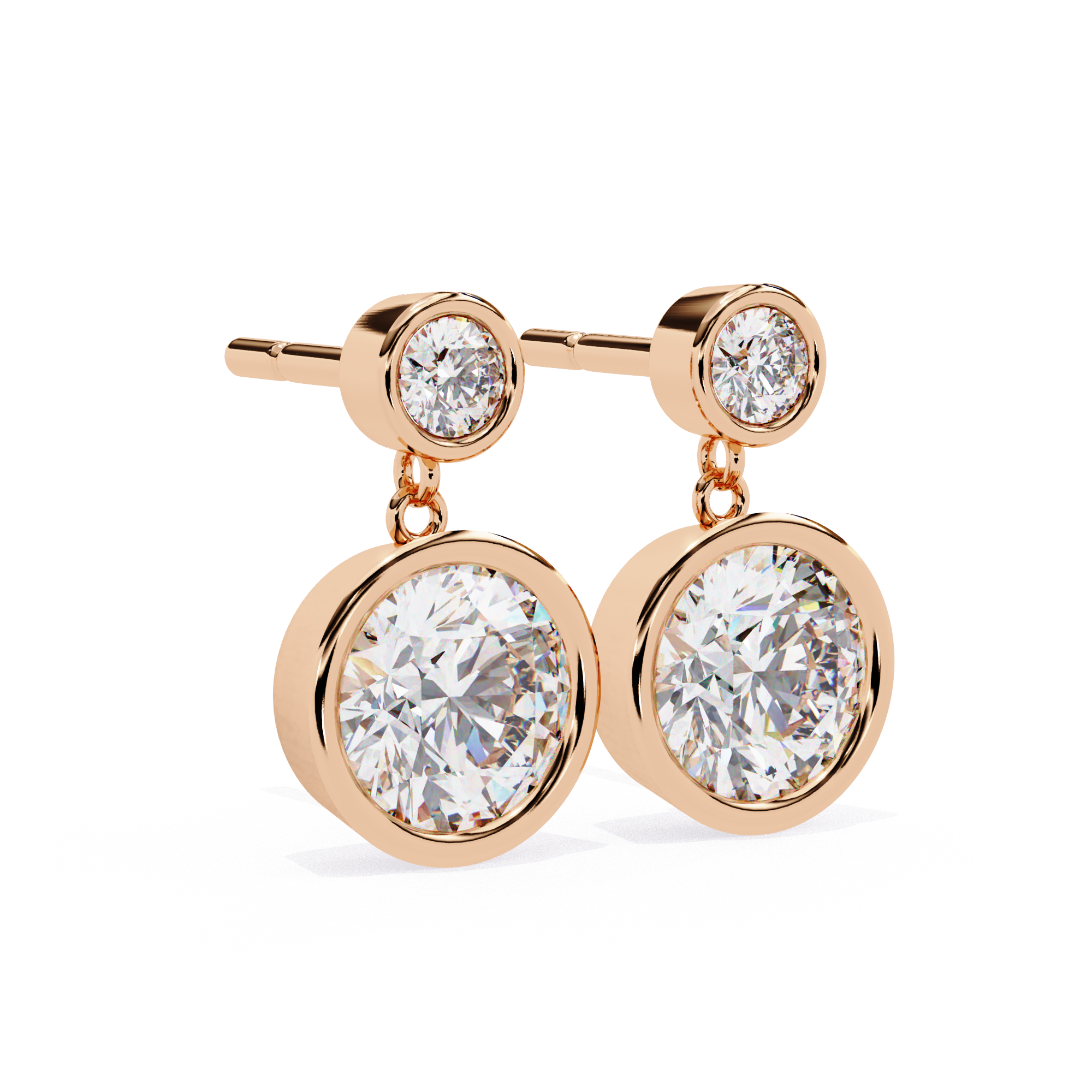 Rose Gold diamond drop earrings with round cut bezel design
