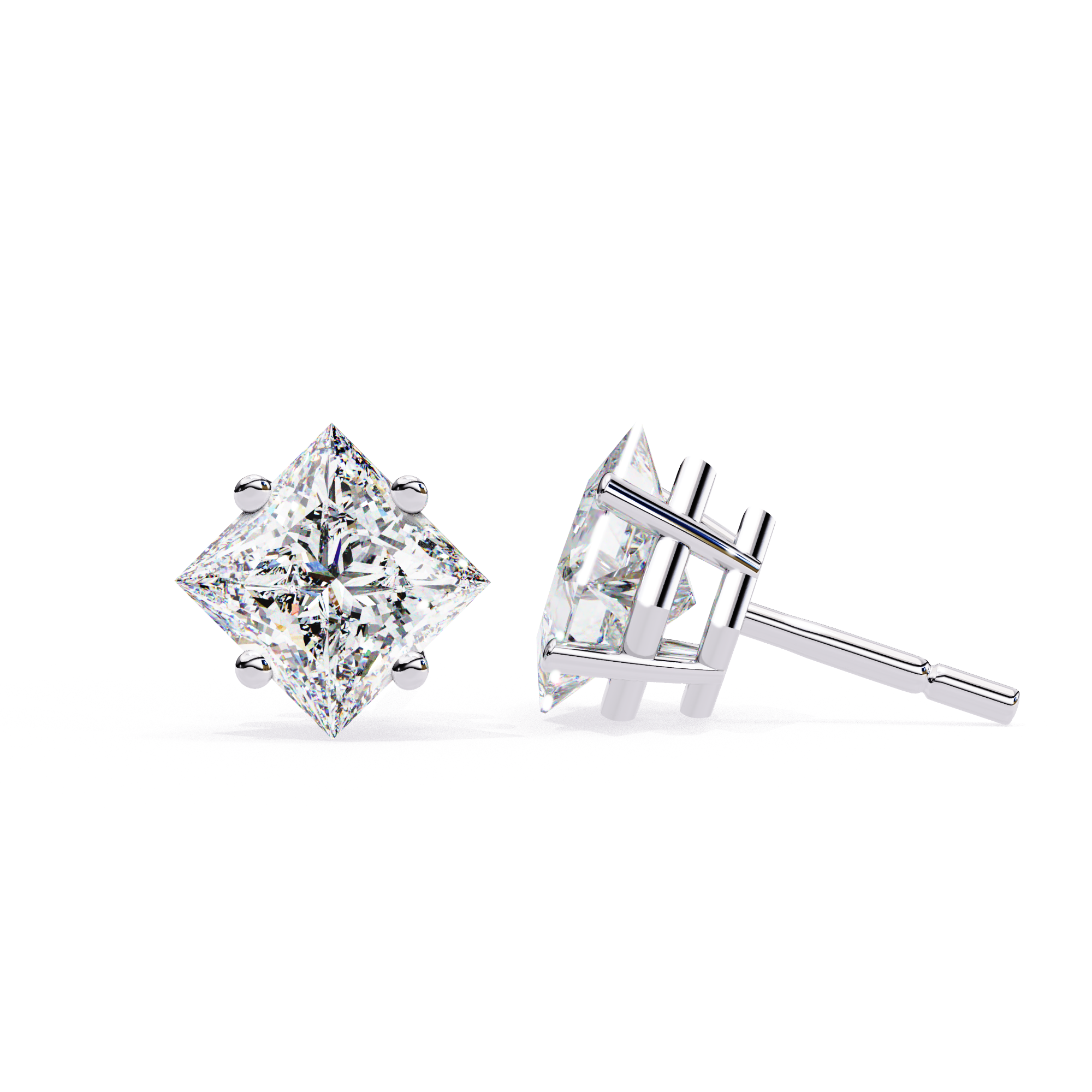 Square princess cut diamond stud earrings in White Gold
