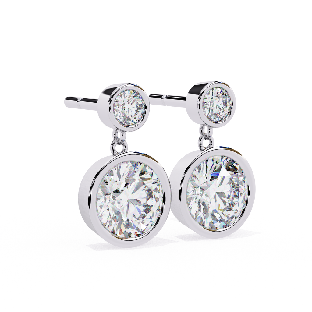 White Gold diamond drop earrings with round cut bezel design