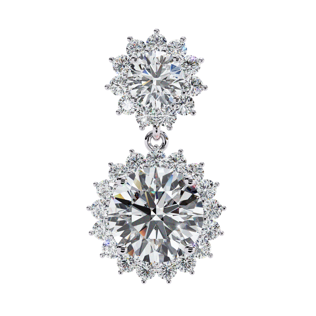 Diamond drop earrings with double halo sunburst design in White Gold