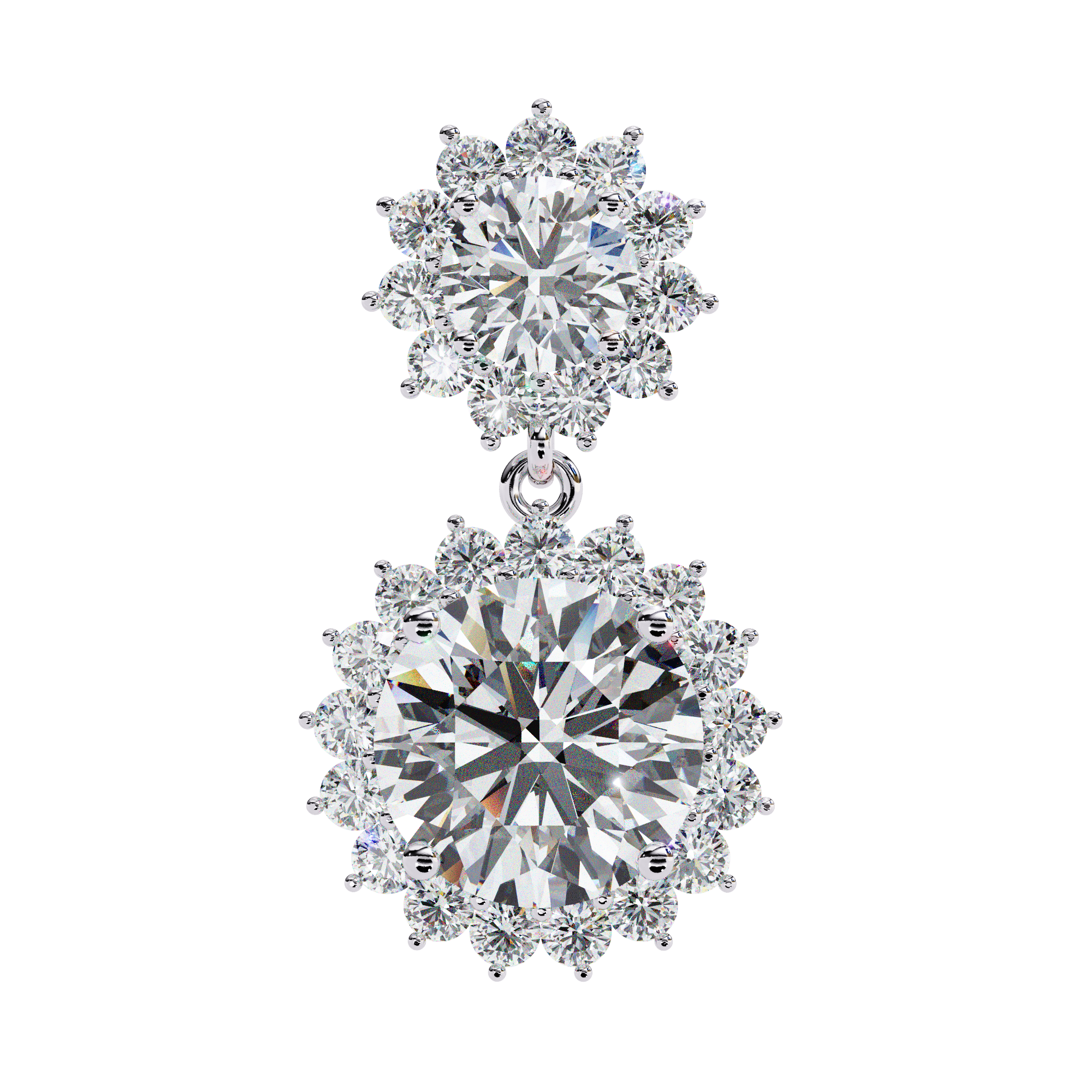 Diamond drop earrings with double halo sunburst design in White Gold