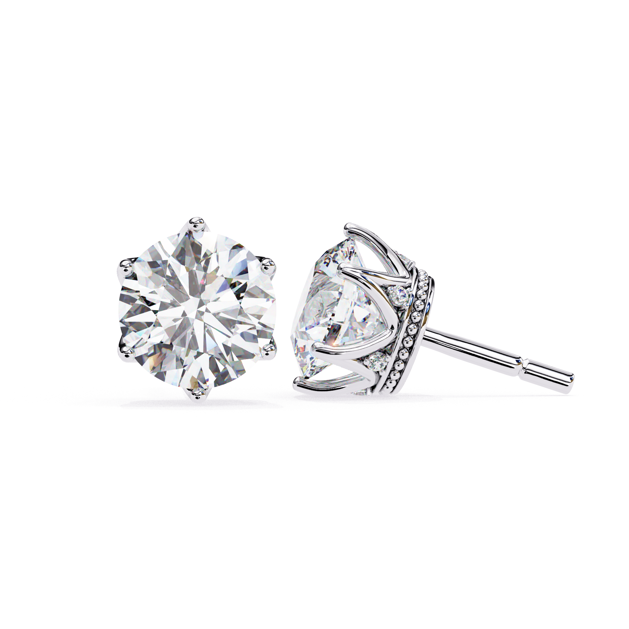 Luxury 6 prong crown diamond stud earrings in White Gold