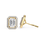 Emerald cut diamond halo stud earrings in gold