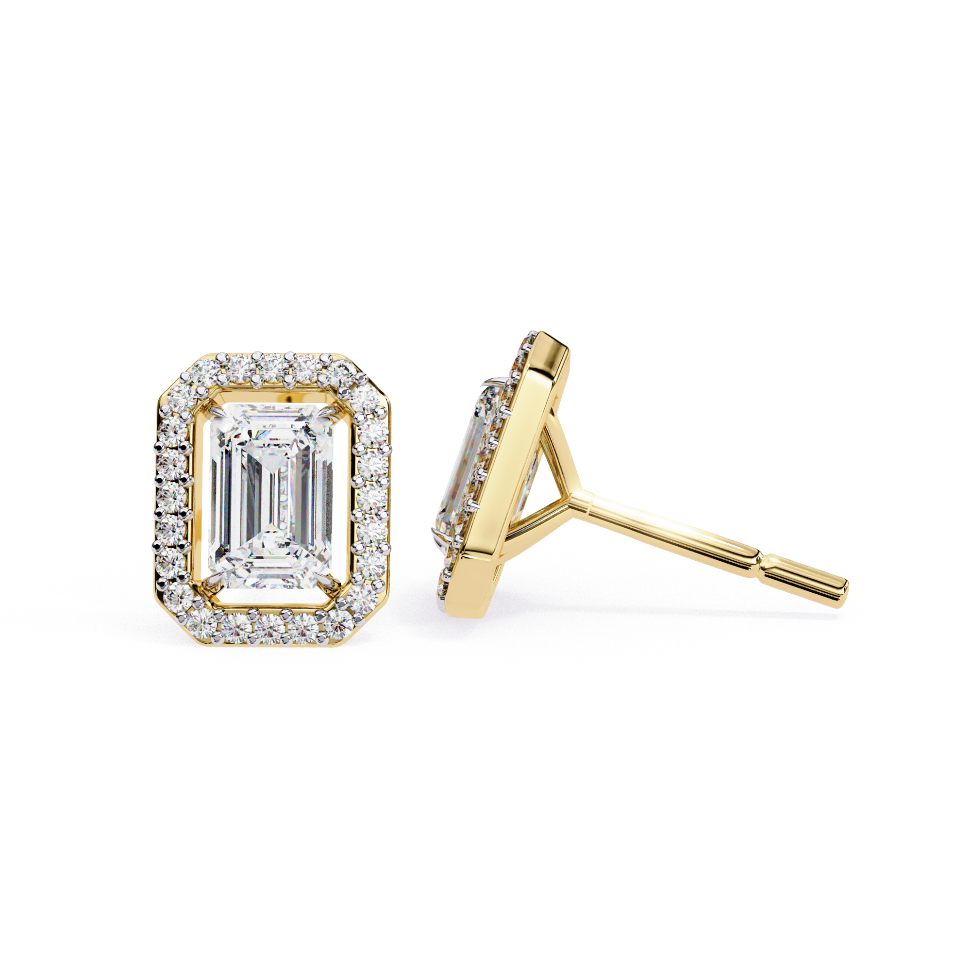 Emerald cut diamond halo stud earrings in gold