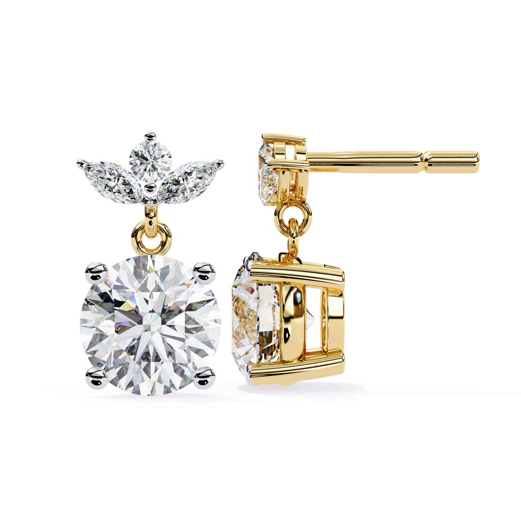 Round diamond earrings with marquise accent in gold
