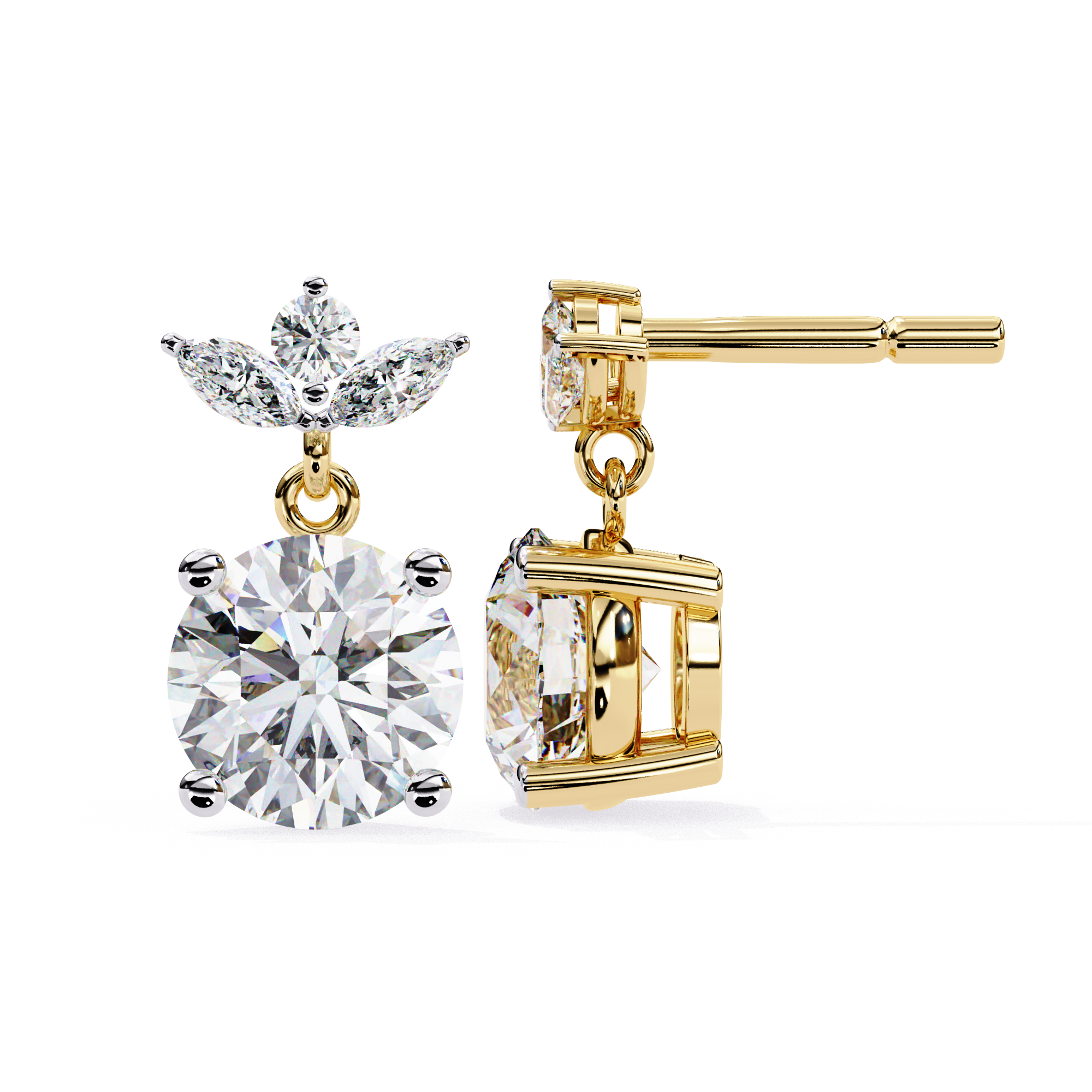 Round diamond earrings with marquise accent in gold