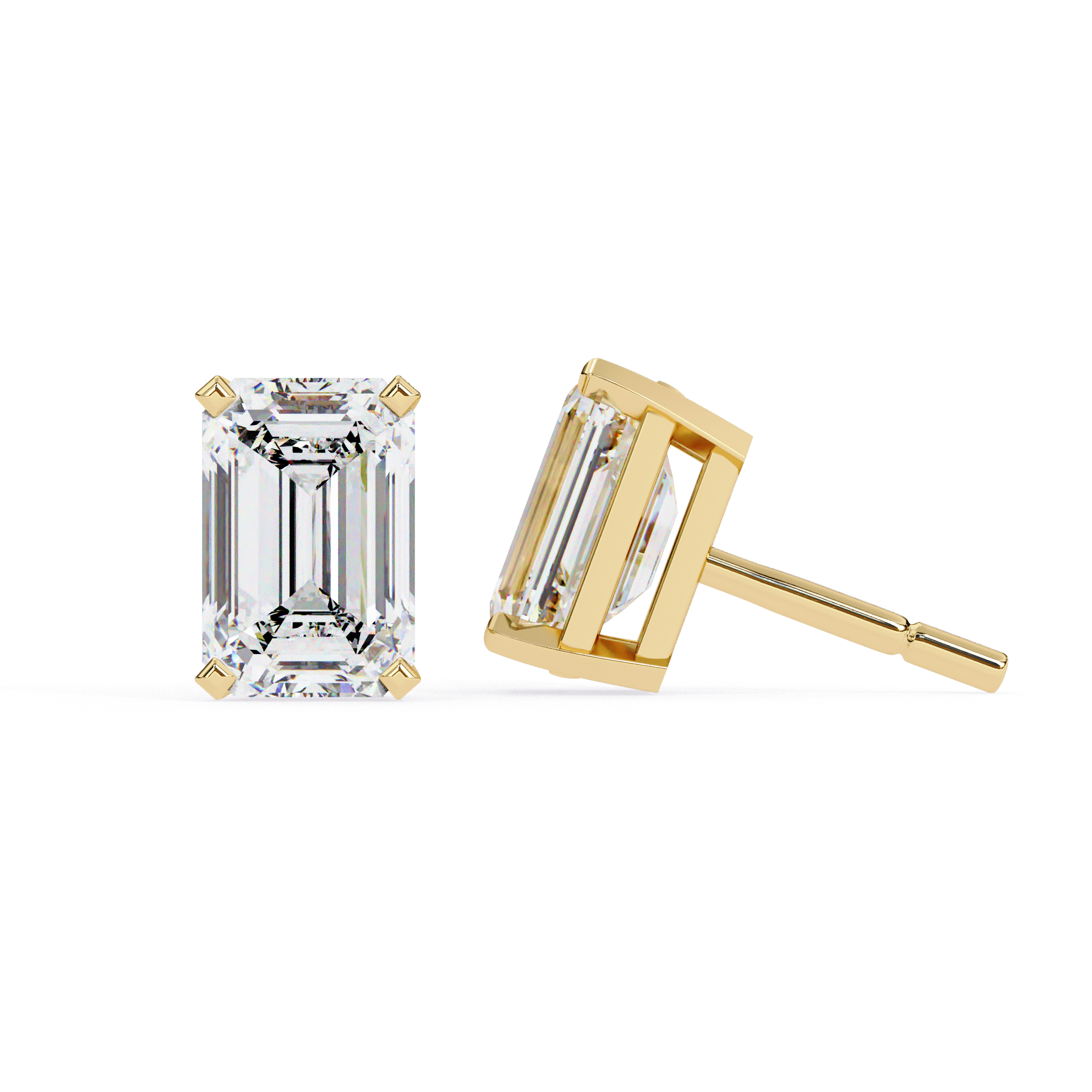 Emerald cut diamond stud earrings in gold