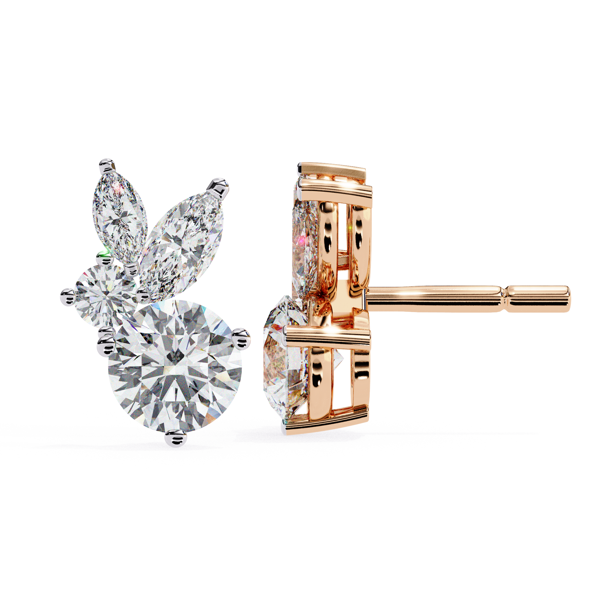 Luxury lab grown diamond stud earrings with round and marquise shape