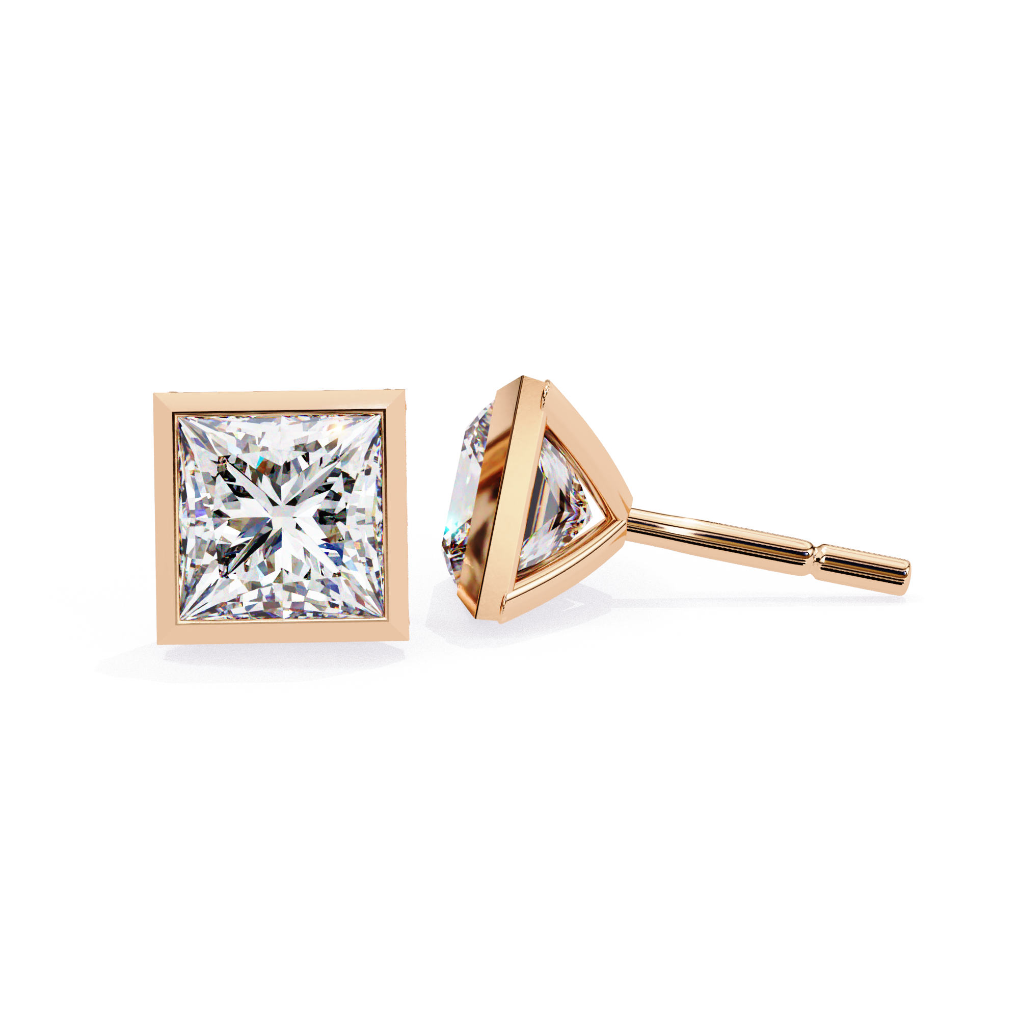 Princess cut diamond stud earrings in Rose Gold