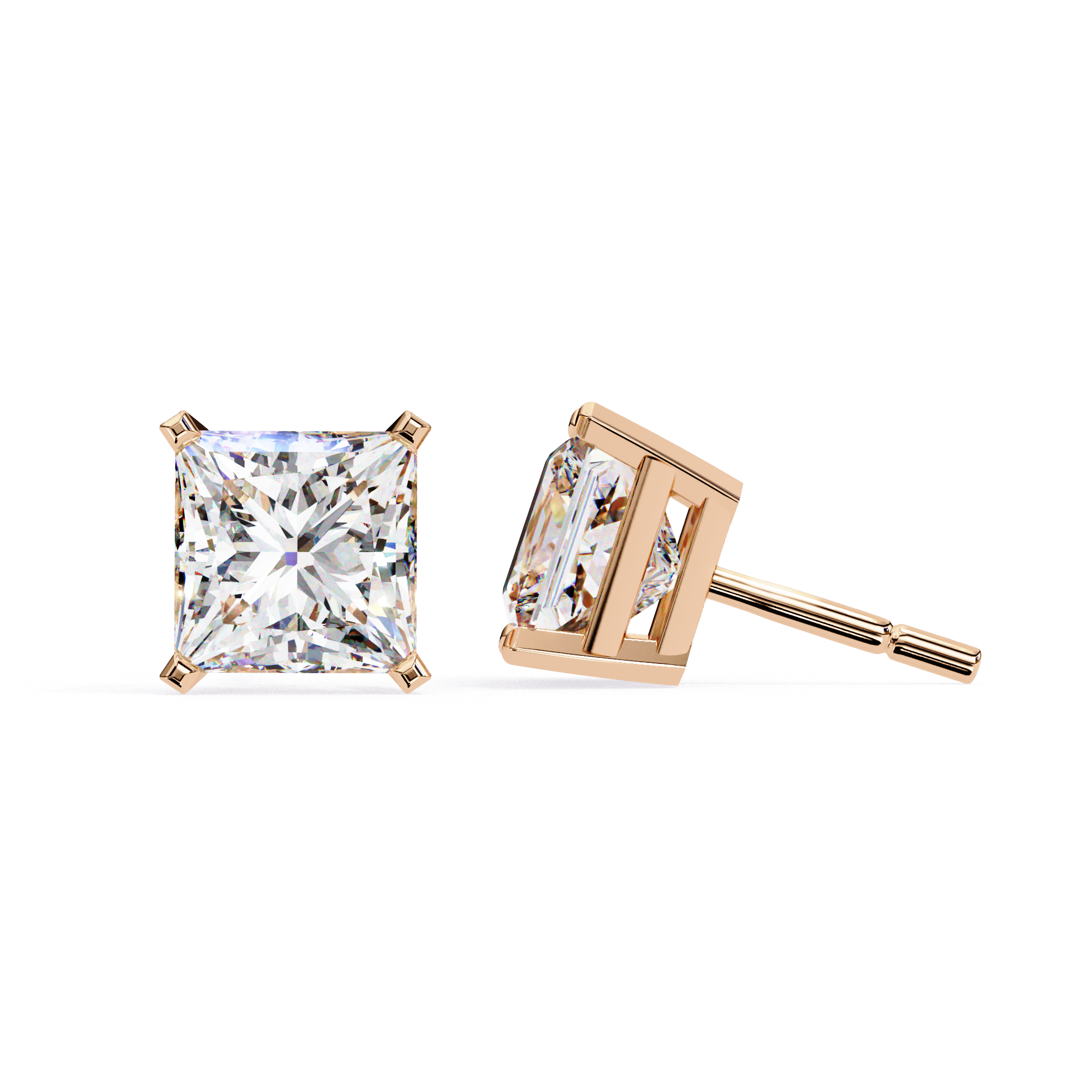 Square princess cut diamond stud earrings in Rose Gold