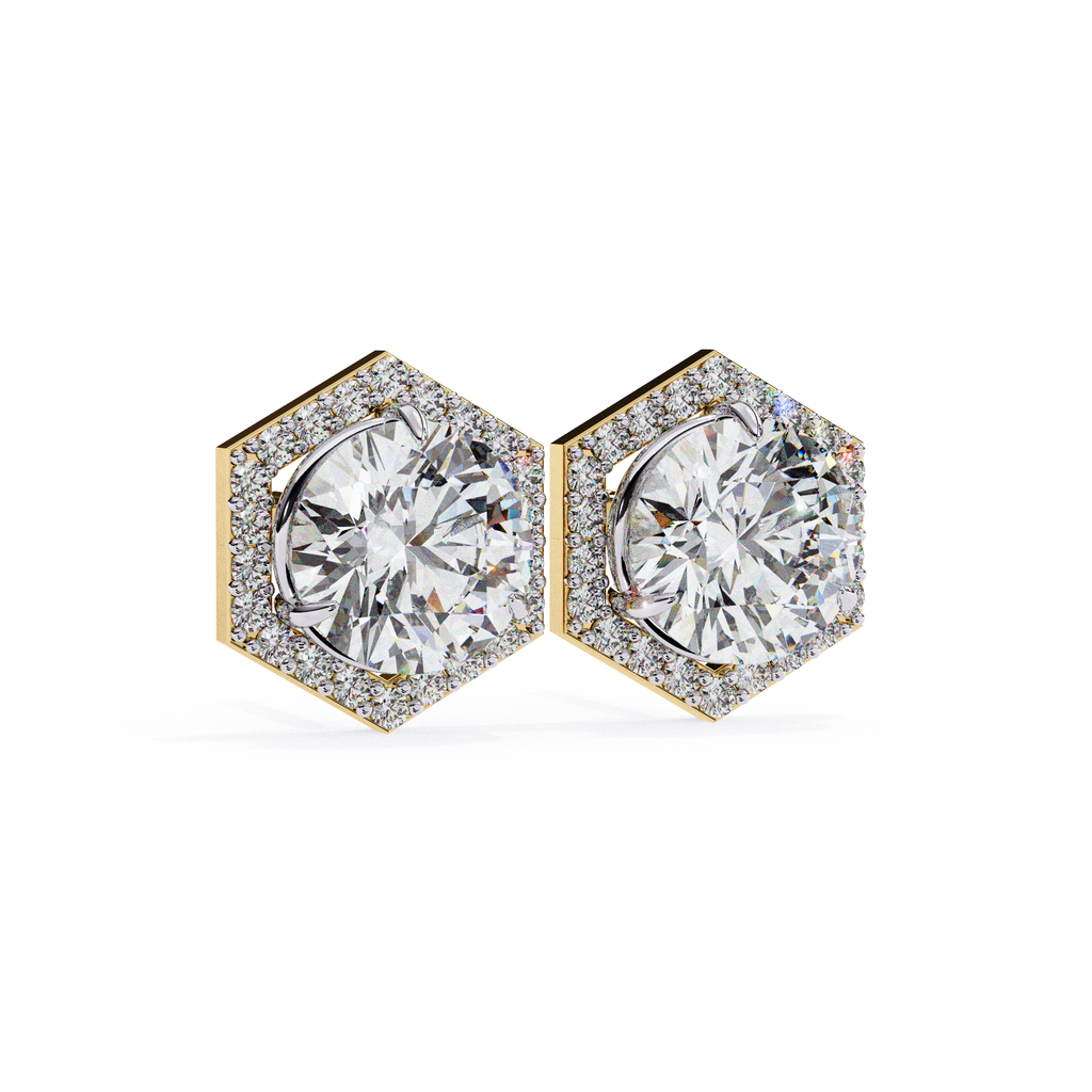 Modern gold hexagon halo diamond stud earrings for everyday wear