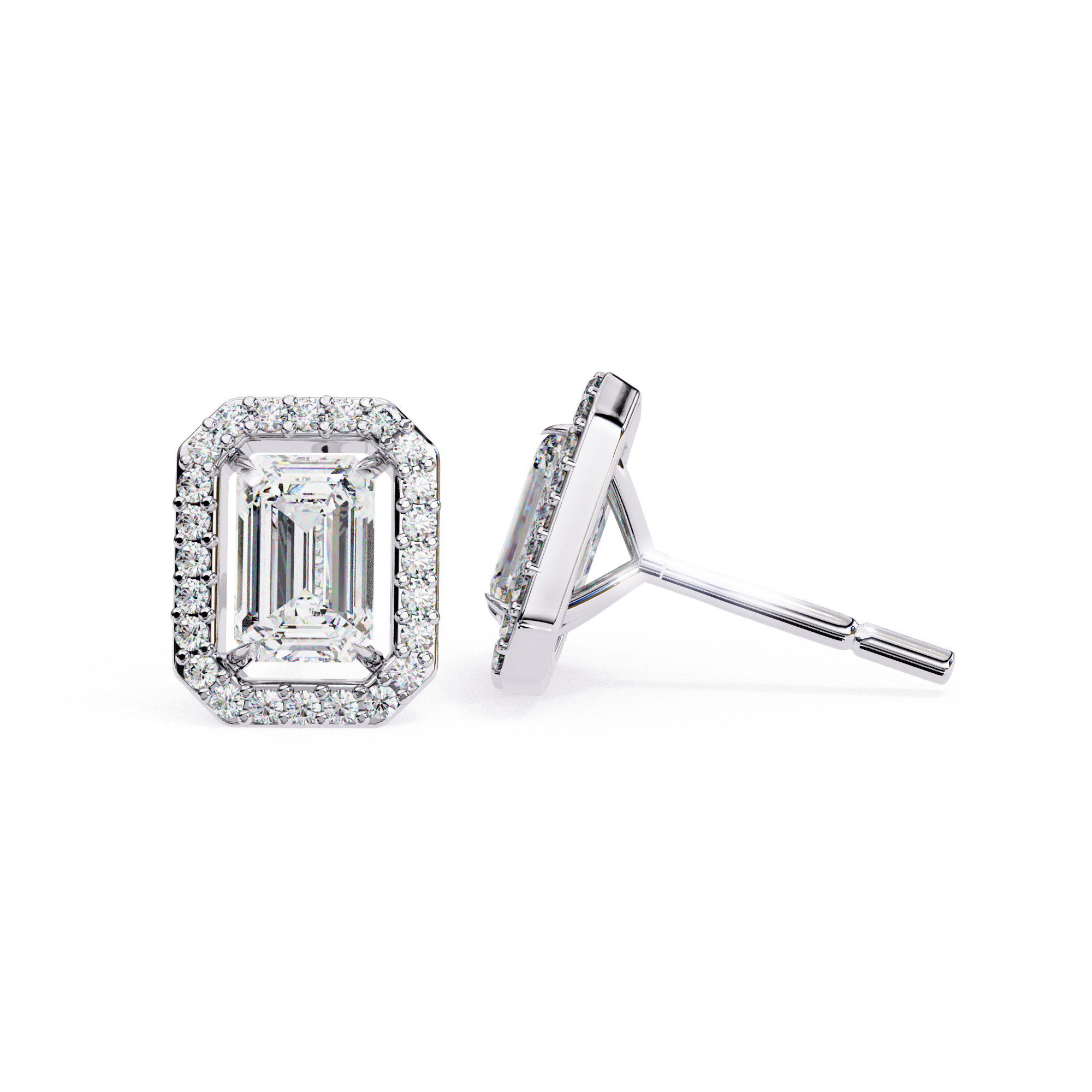 Emerald cut diamond halo stud earrings in White Gold