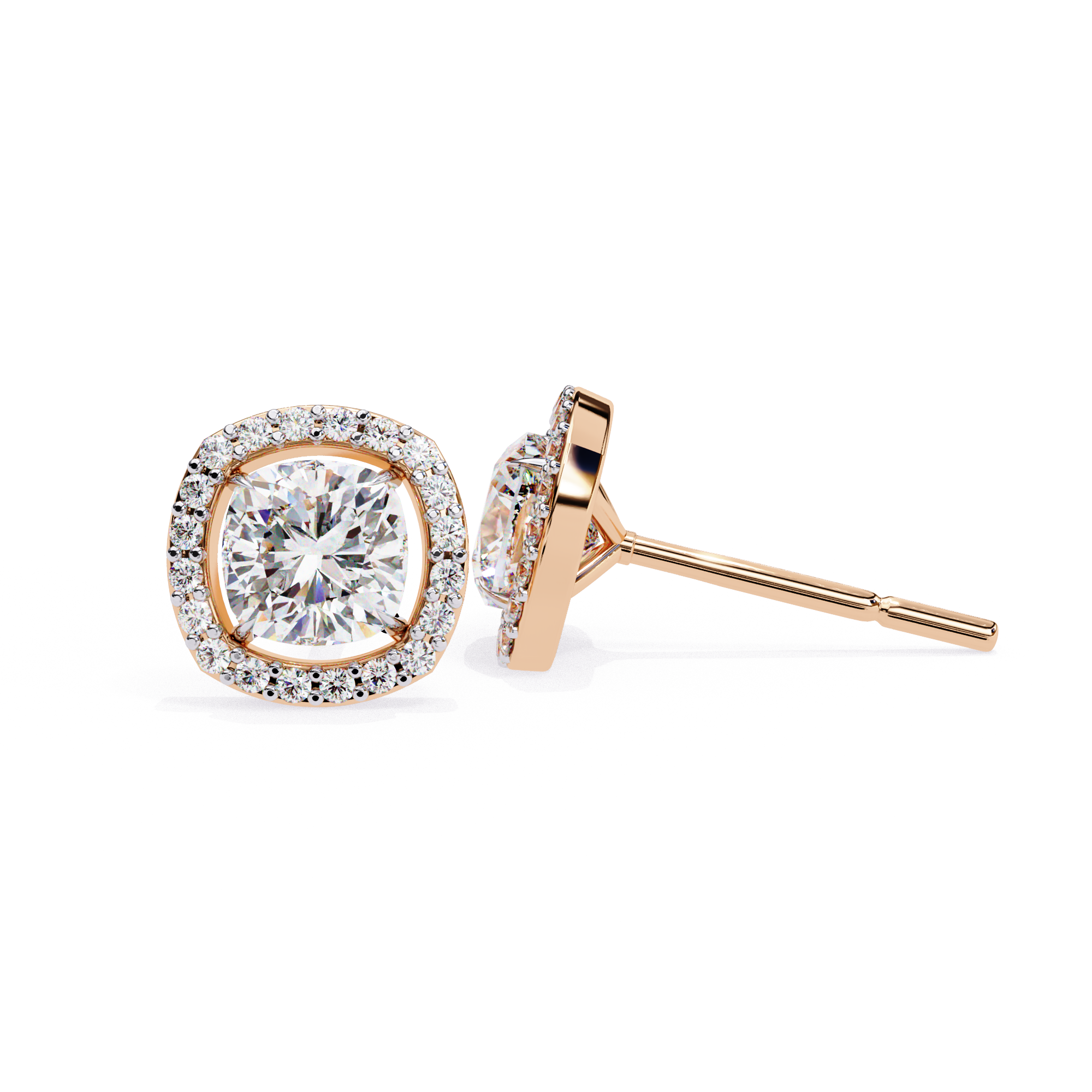 Cushion cut diamond halo stud earrings in Rose Gold