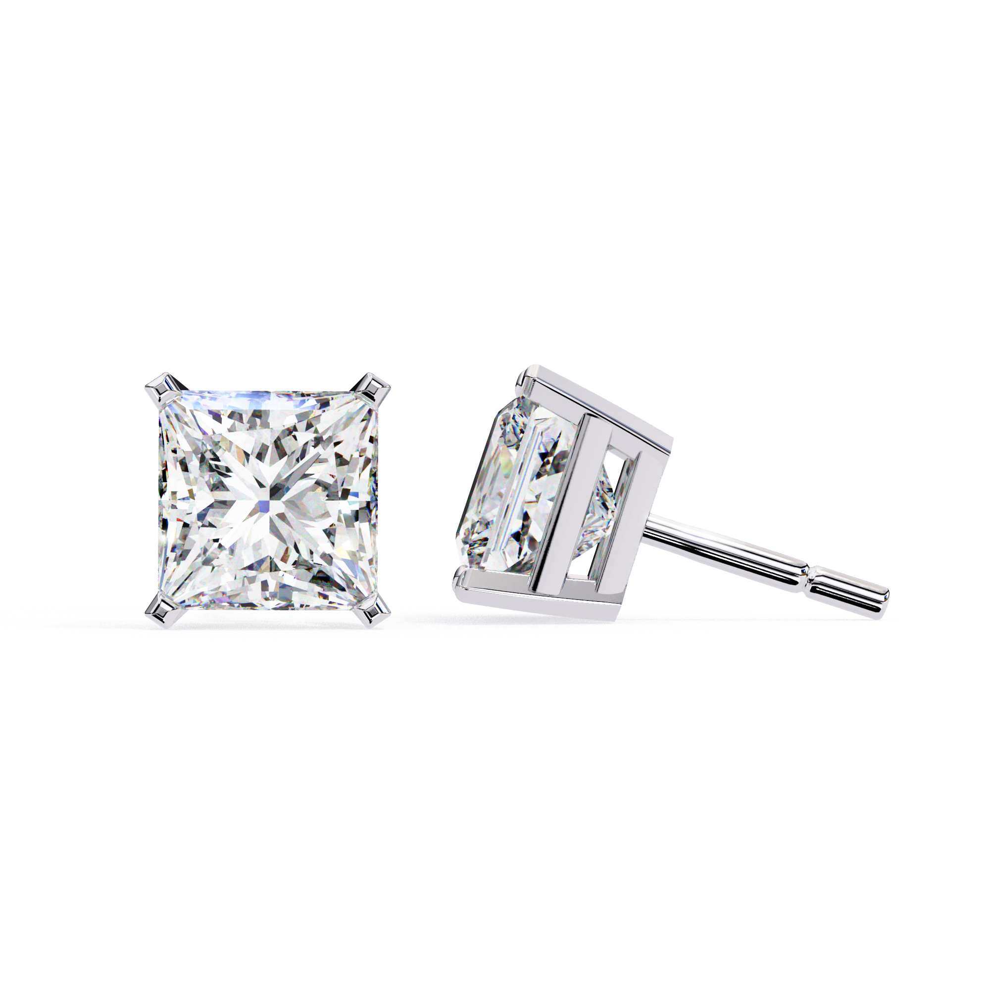 Square princess cut diamond stud earrings in White Gold