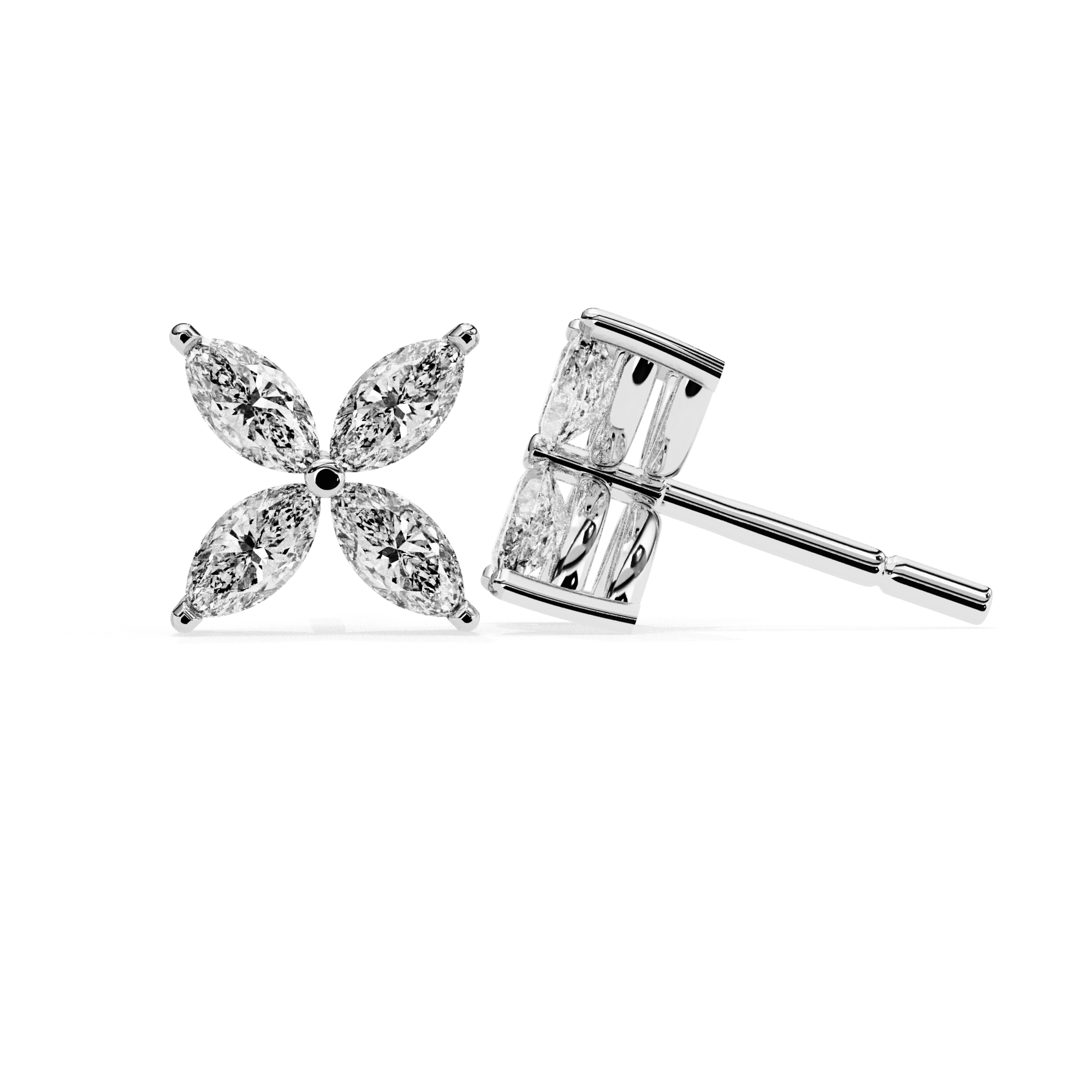 Marquise cut floral diamond stud earrings in White Gold