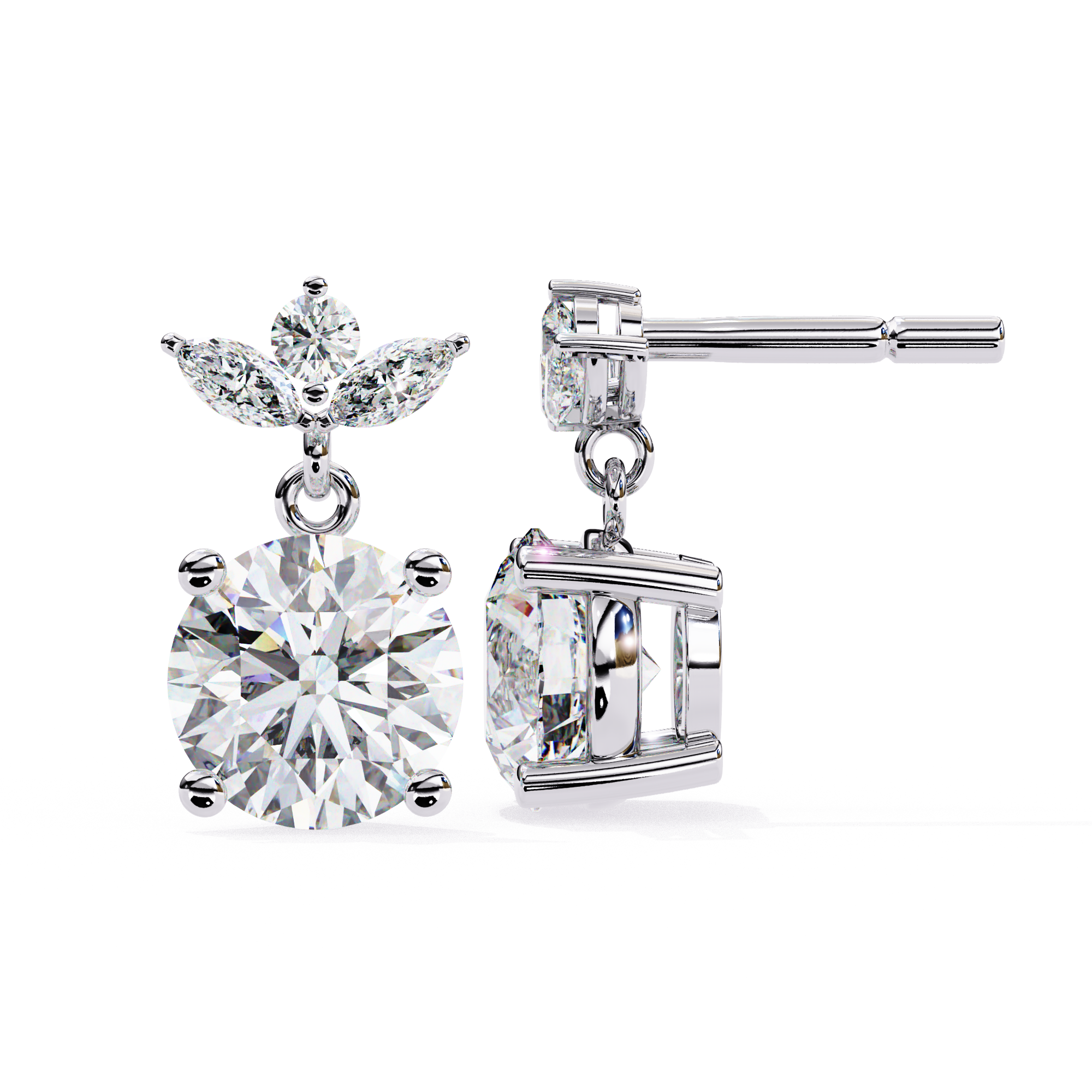 Round diamond earrings with marquise accent in White Gold
