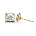 Square princess cut diamond halo stud earrings in gold