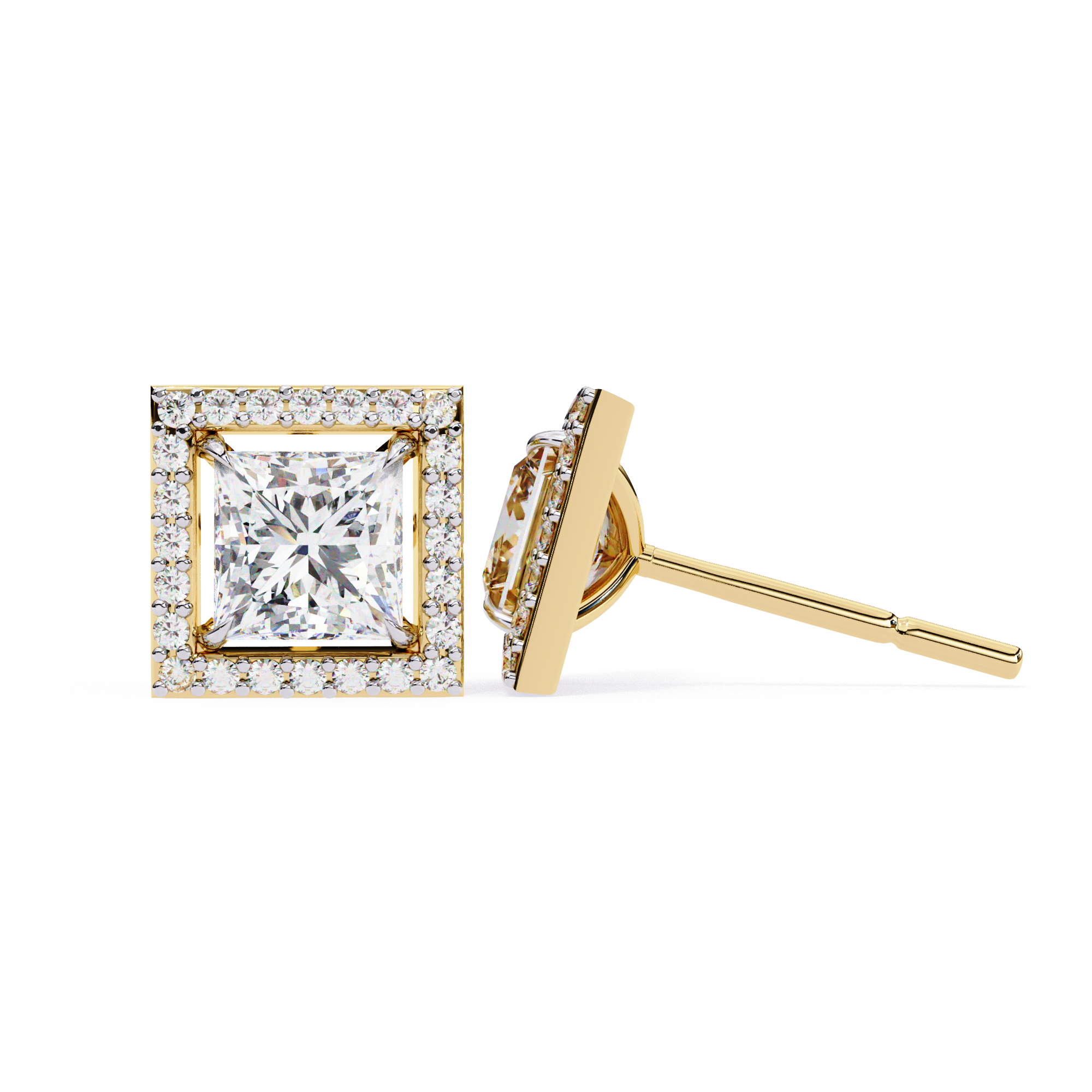 Square princess cut diamond halo stud earrings in gold