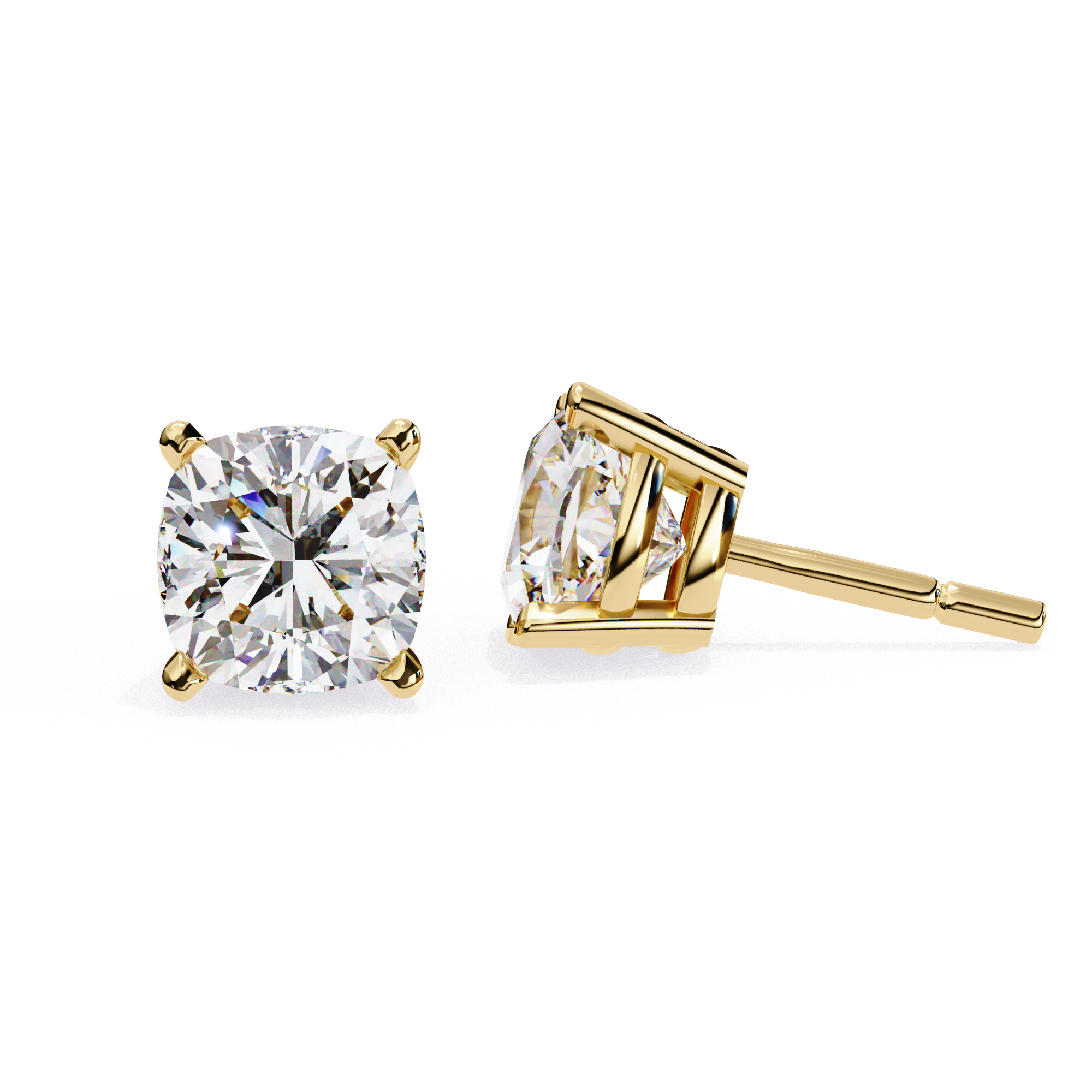 Cushion cut diamond stud earrings in gold