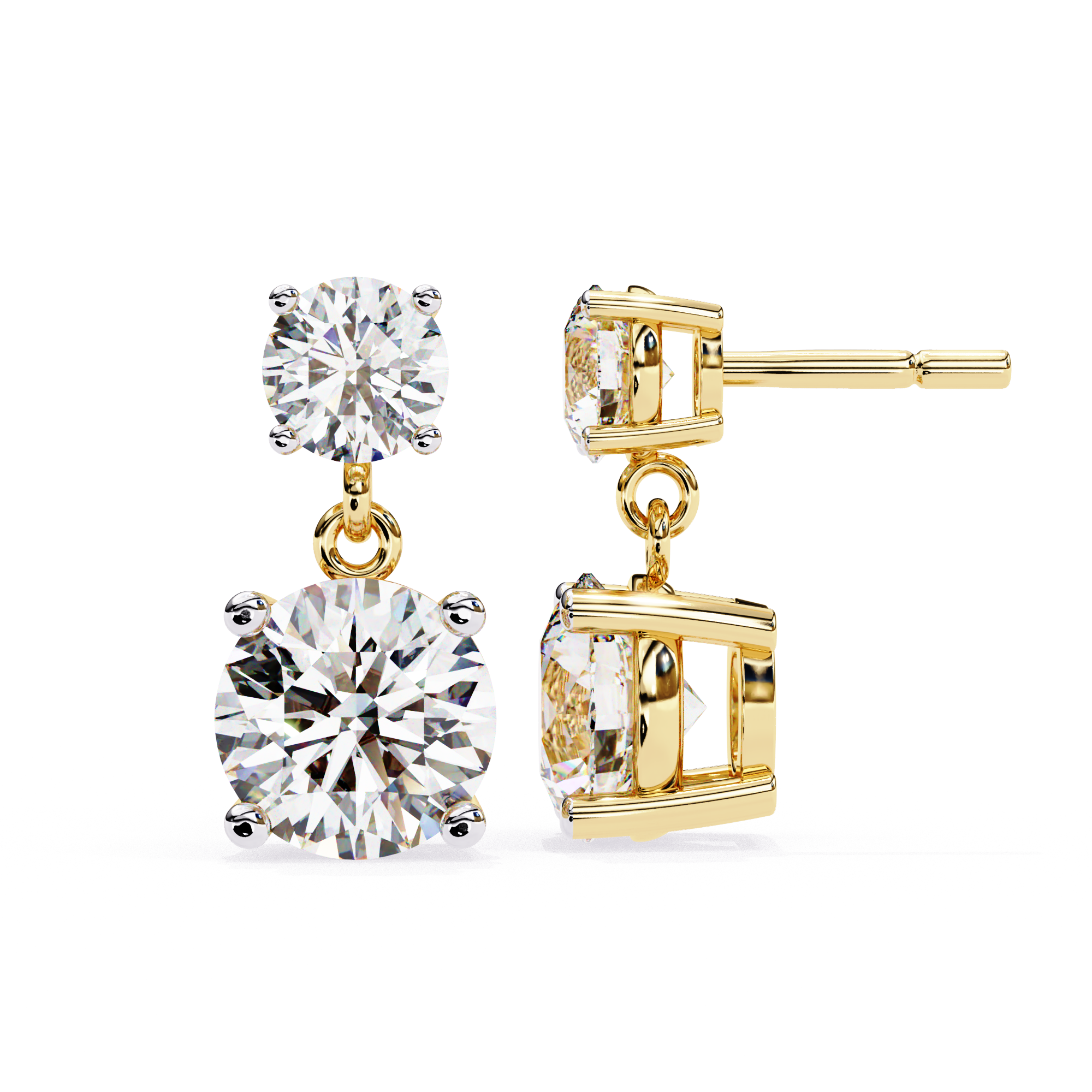 Double drop round diamond stud earrings gold