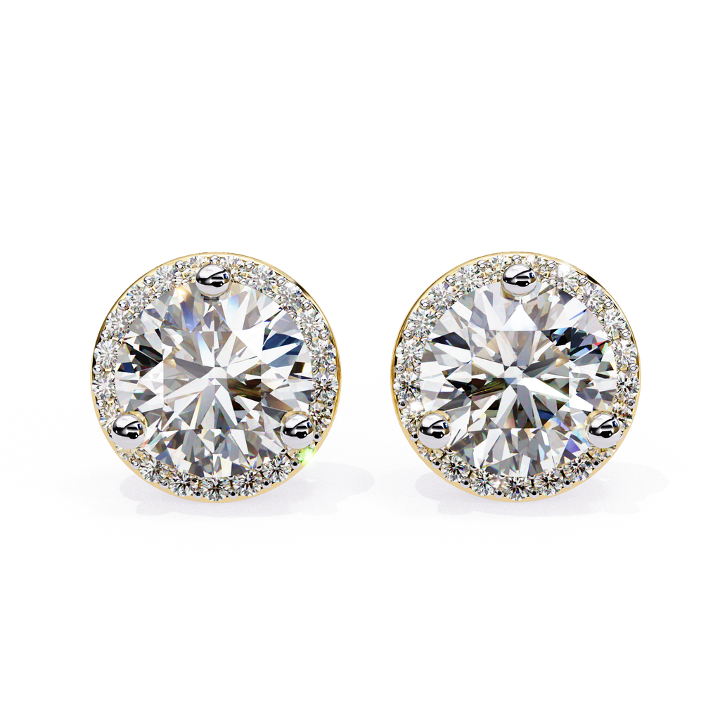 Elegant round cut diamond stud earrings with halo setting