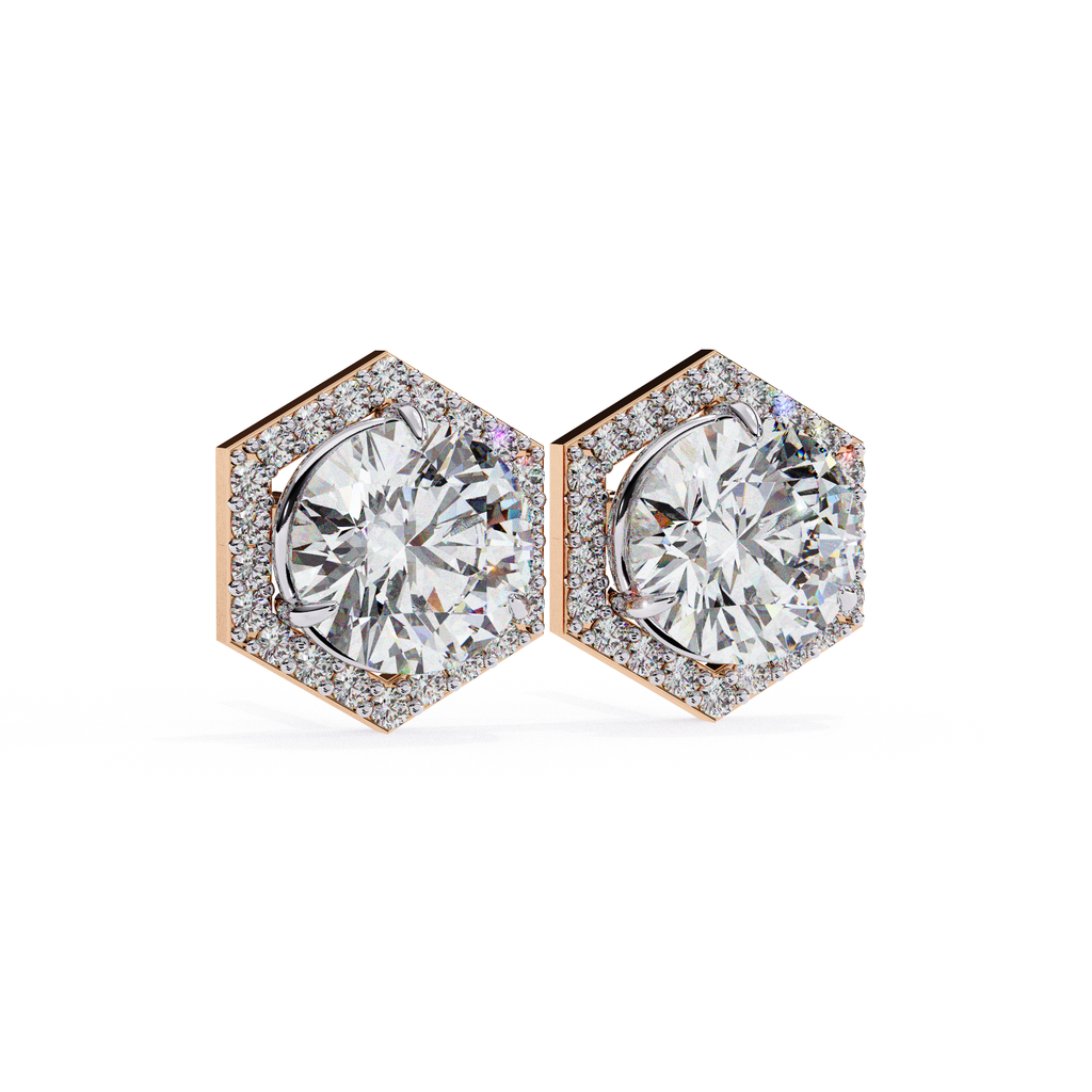 Modern rose gold hexagon halo diamond stud earrings for everyday wear