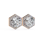 Modern rose gold hexagon halo diamond stud earrings for everyday wear