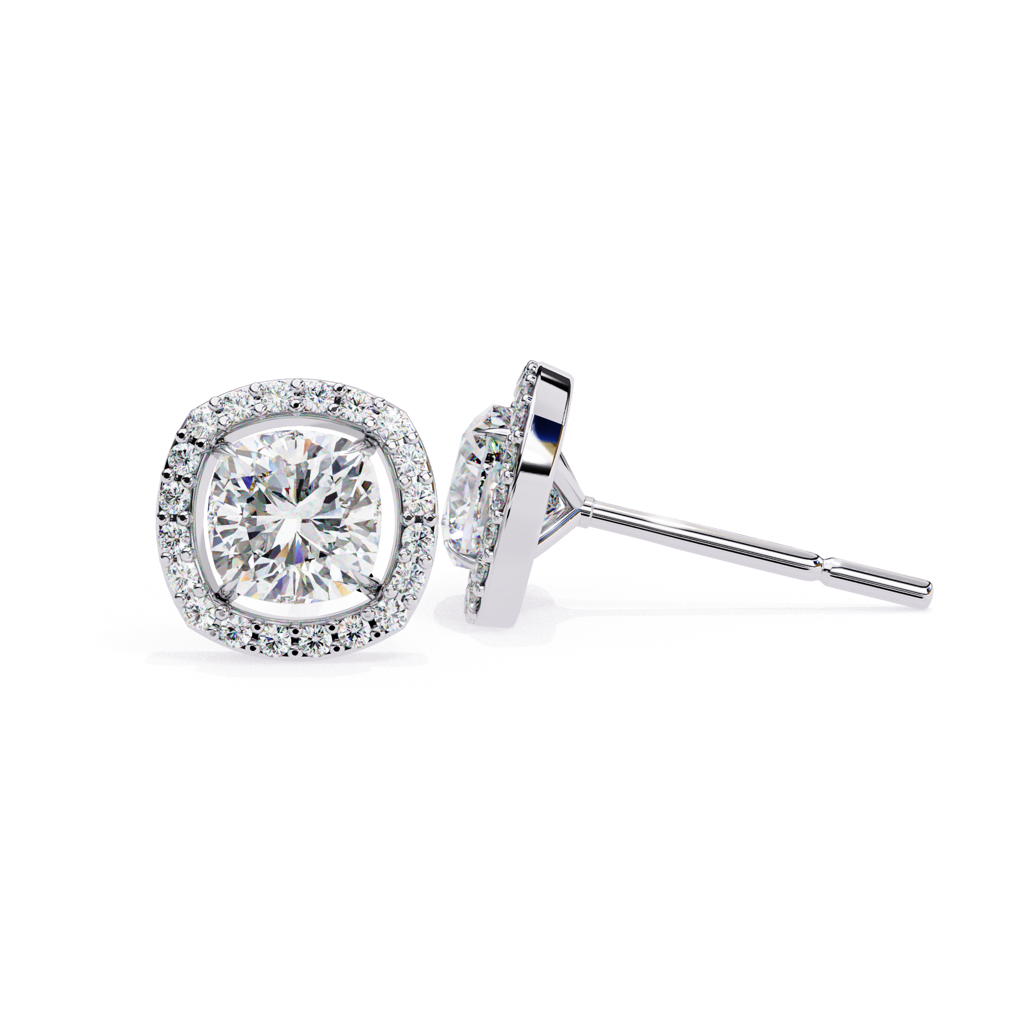 Cushion cut diamond halo stud earrings in White Gold