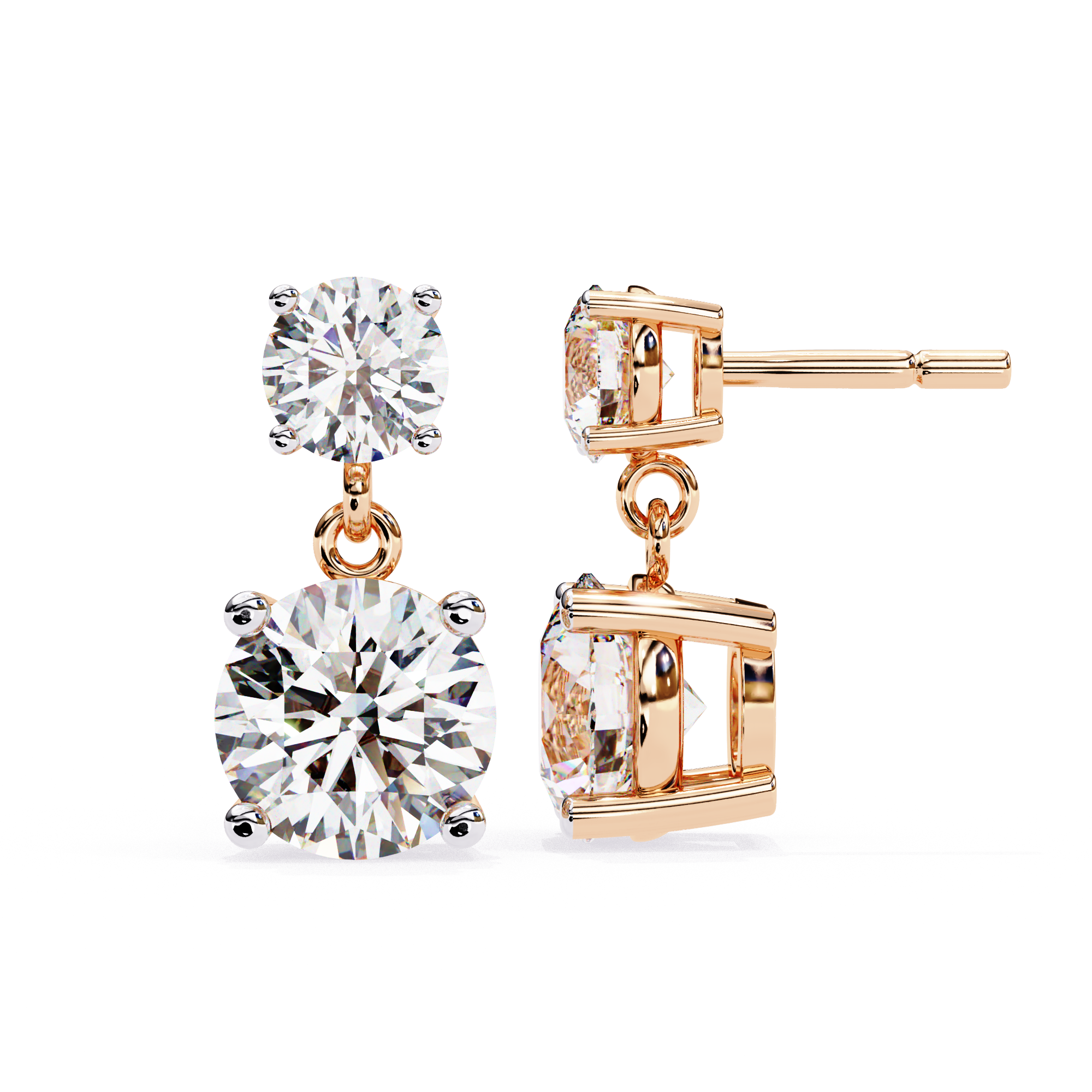 Double drop round diamond stud earrings Rose Gold