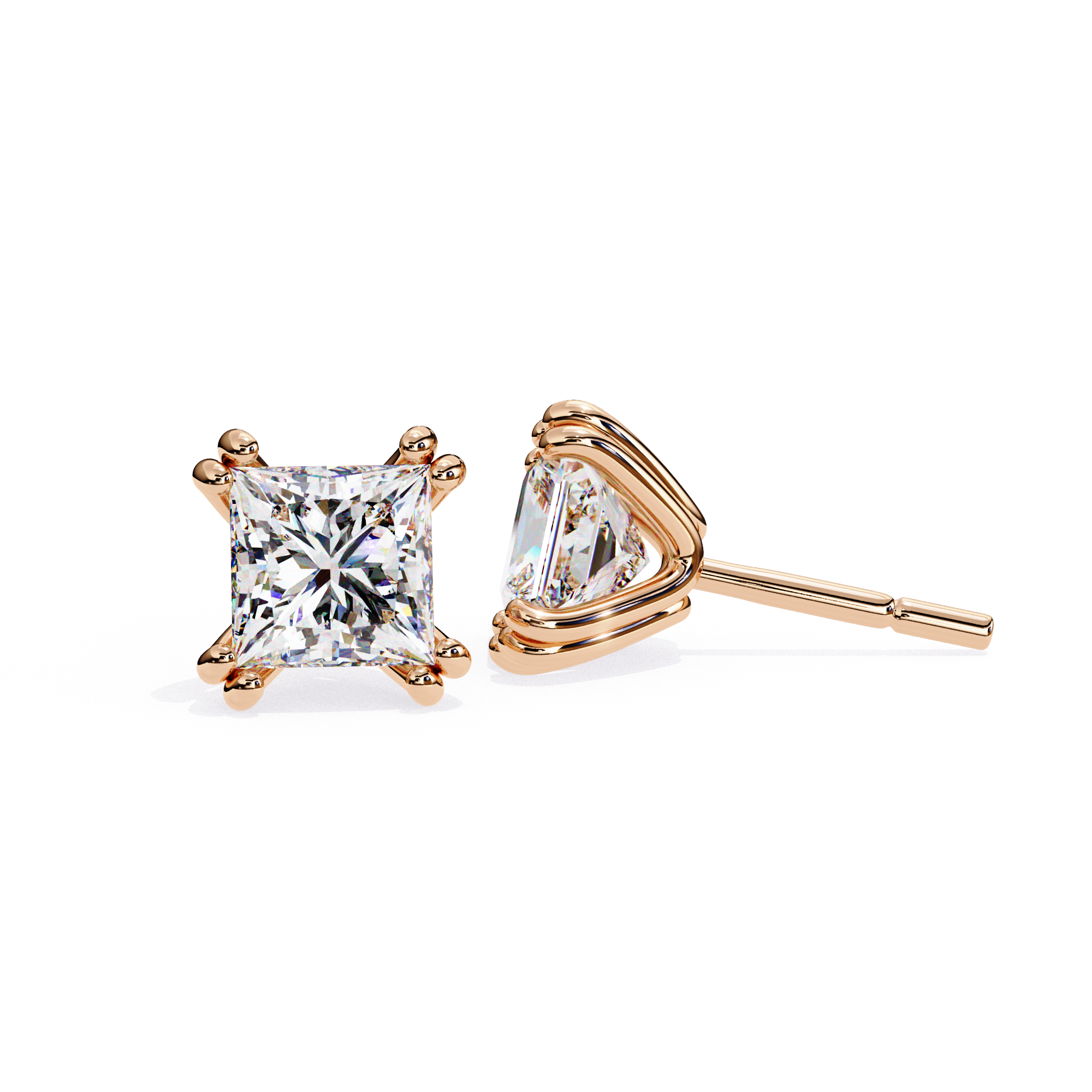 Square princess cut diamond stud earrings in Rose Gold