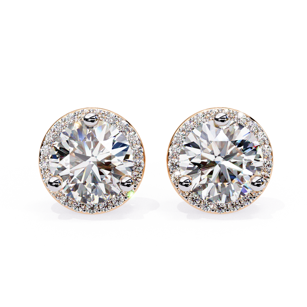 Elegant round cut diamond stud earrings with halo setting