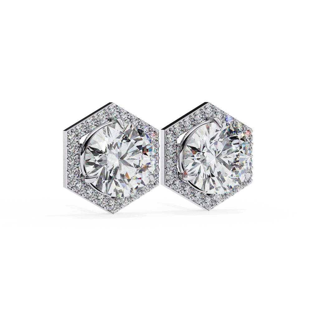 Modern white gold hexagon halo diamond stud earrings for everyday wear