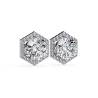 Modern white gold hexagon halo diamond stud earrings for everyday wear